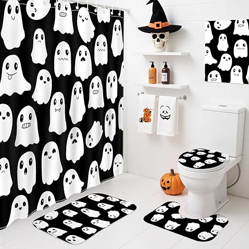 Miniatura 2 de Mocsicka Juego de cortinas de ducha de Halloween para baño, 4 piezas de fantasmas espeluznantes de Halloween con alfombras antideslizantes, cubierta