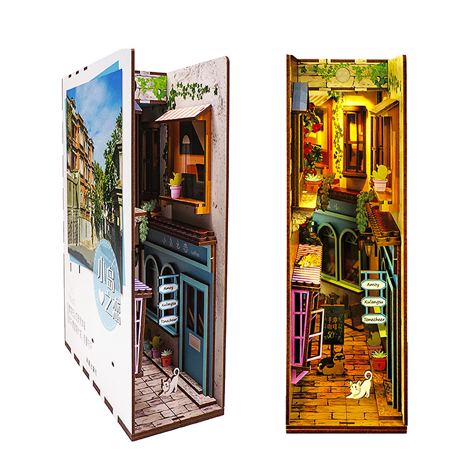 Book Nook Kit DIY 3D Wooden Puzzles Dollhouse Bookshelf Insert Diorama Decor Alley Love of Island Personalized Assembled Bookends Build-Creativity Kit with Sensor Lights Gifts for Teens and Adults