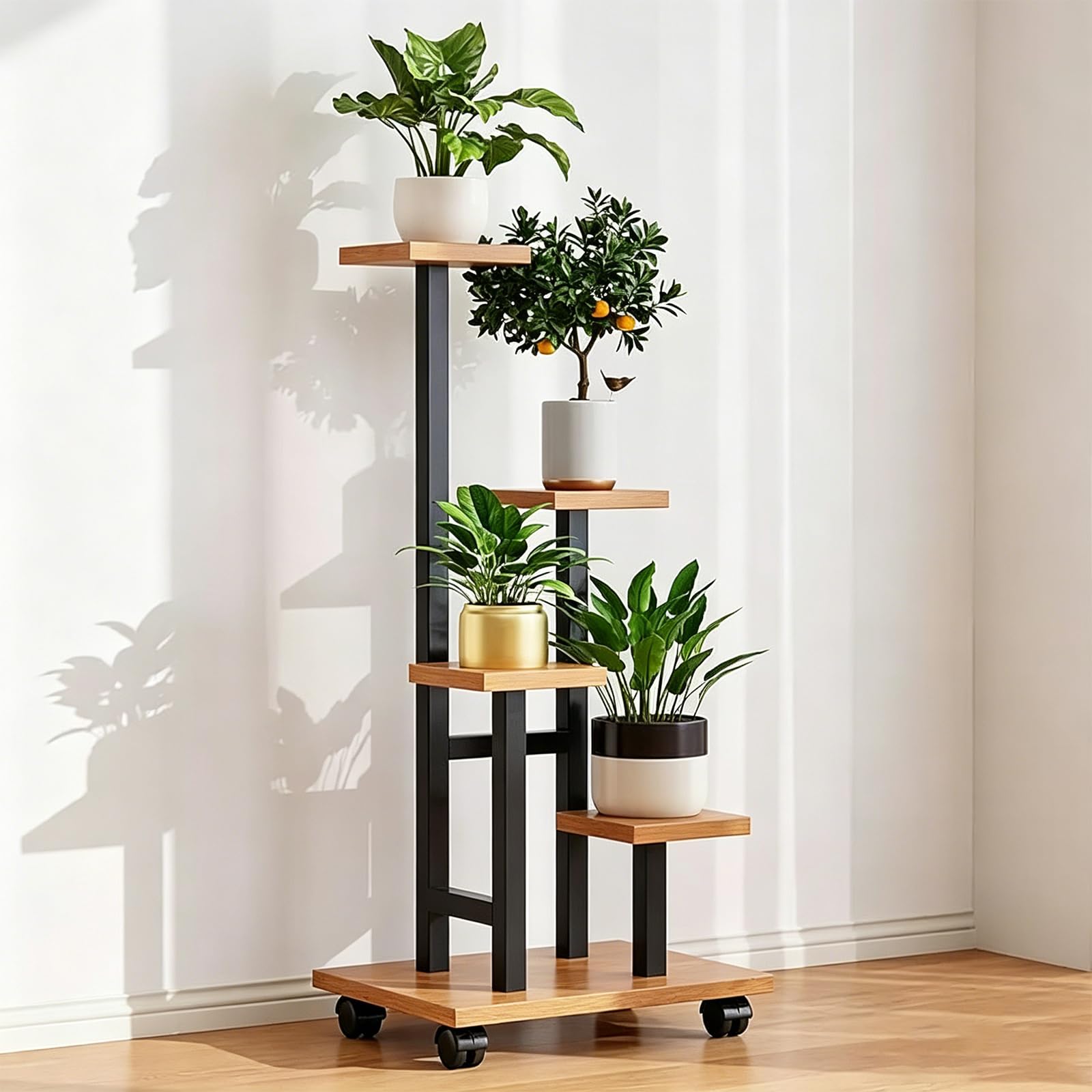 ATRBNCX 4 Tier Rolling Plant Stand Indoor, Heavy Duty Metal Frame With Wooden Shelves, Space-Saving Corner Flower Holder For Garden, Porch & Living Room(Color:Yellow)