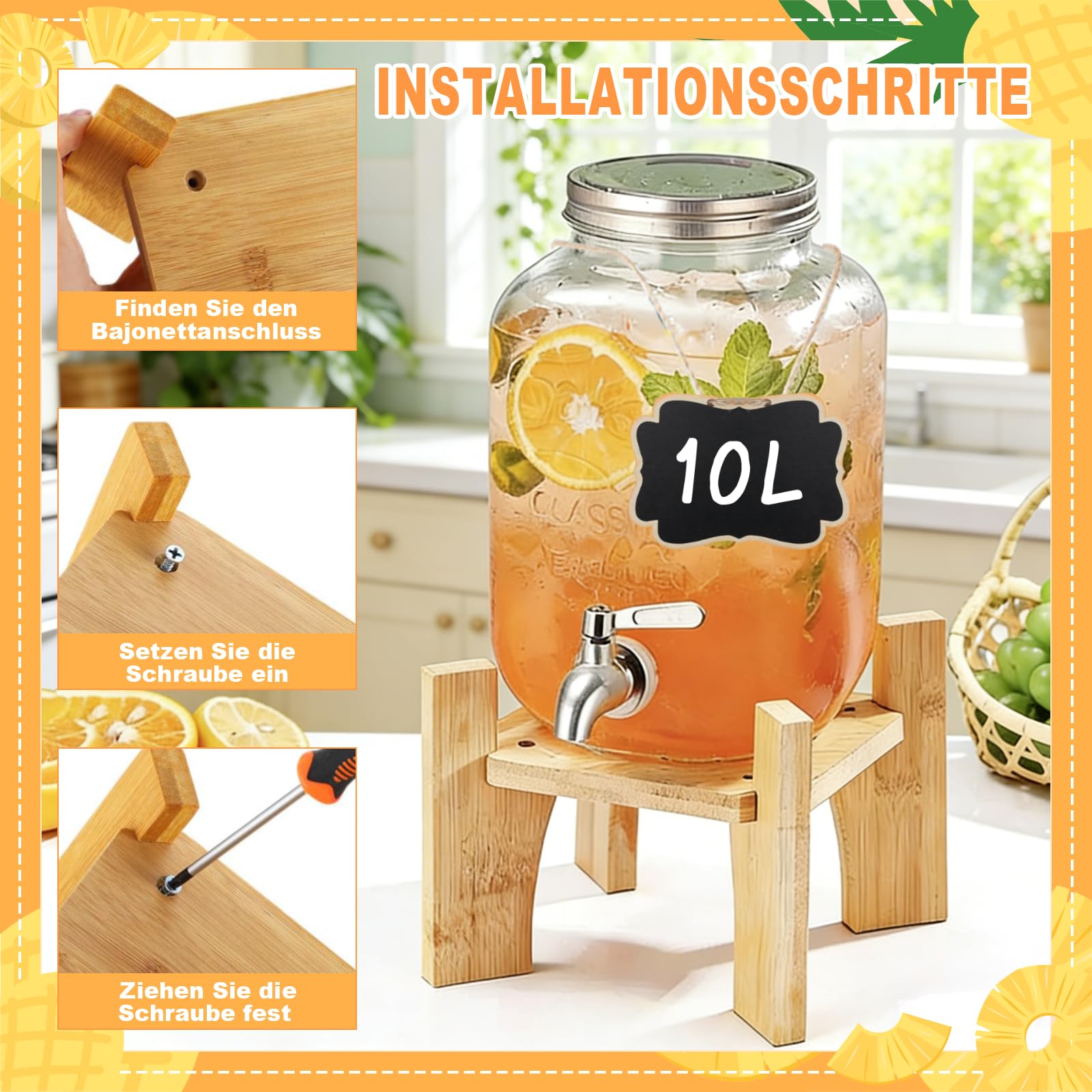 2 dispensadores de bebidas de 10 l con soporte y tapa, dispensador de limonada con grifo de vidrio de borasilicato resistente al calor con grifo inoxidable para jardín, buffet, fiestas y cocina, bodas