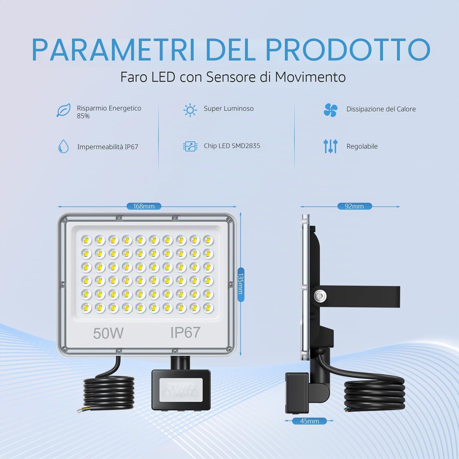 YIQIBRO Faro Faretto LED da Esterno con Sensore di Movimento 50W 5000LM 2 Pezzi, IP67 7000K Luce Fredda Lampada Faretti LED Esterno con Sensore di Movimento per Giardino, Capannone