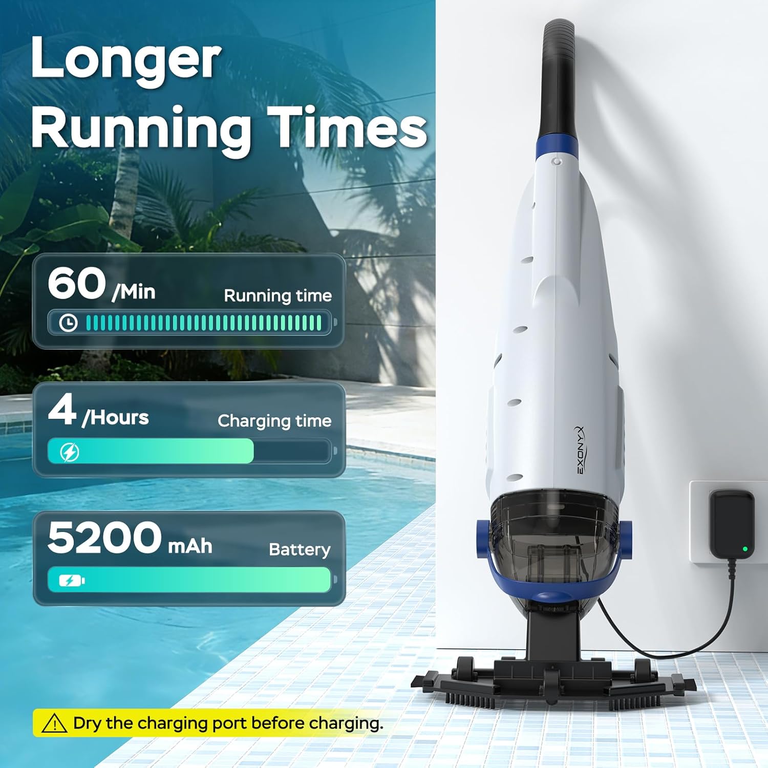 Cordless Handheld Pool Vacuum Cleaner, Upgraded 18.5GPM Powerful Suction for Above Ground Pool & Inground Pool, 1H Runtime, 45W Rechargeable Handheld Pool Vacuum with 72.85"Pole & 4 Filter bags