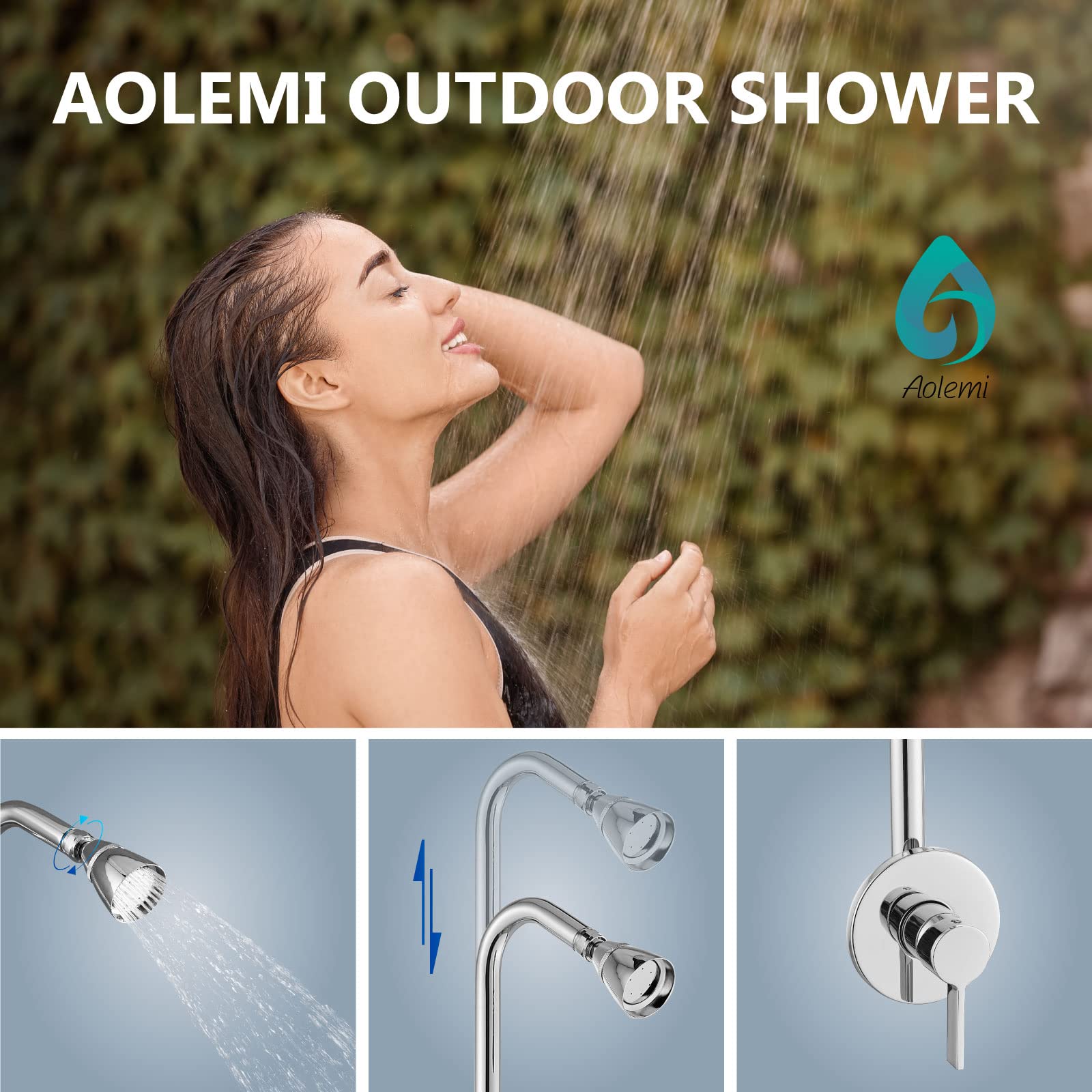 Aolemi Juego de ducha para exteriores cabezal de ducha de alta presión montaje en pared accesorio de ducha expuesto cromado pulido con barra deslizante ajustable juego de grifo de ducha | Con cabezal de ducha y válvula, elevador ajustable SUS304, montaje