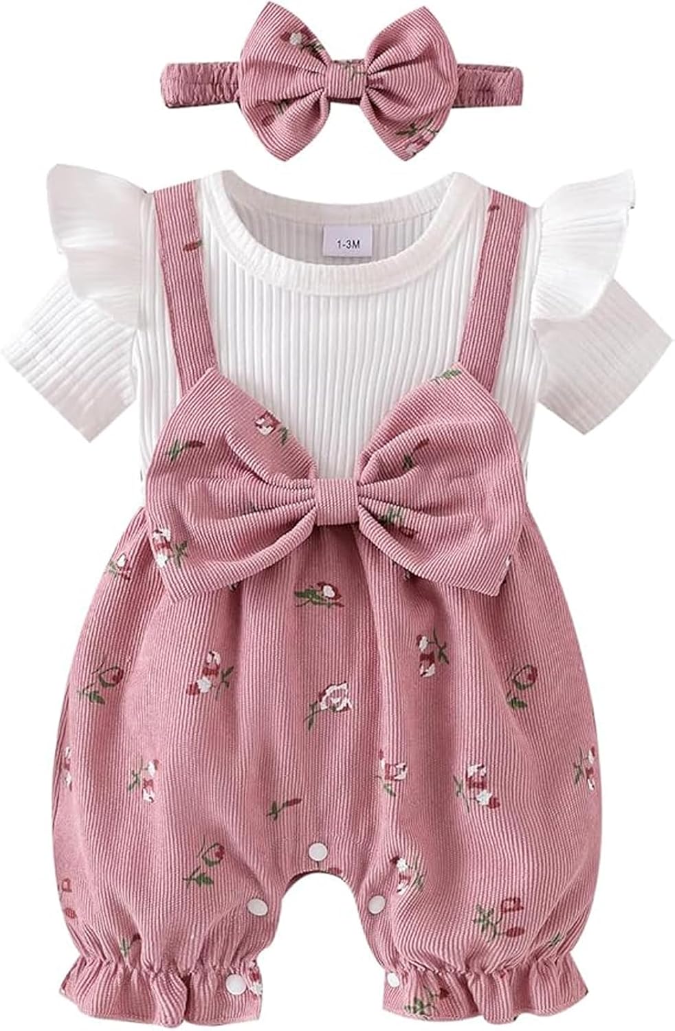 Newborn Baby Girl Clothes Short Sleeve Flying Sleeve Ribbed Patchwork Floral Bubble Romper Infant Summer Outfit