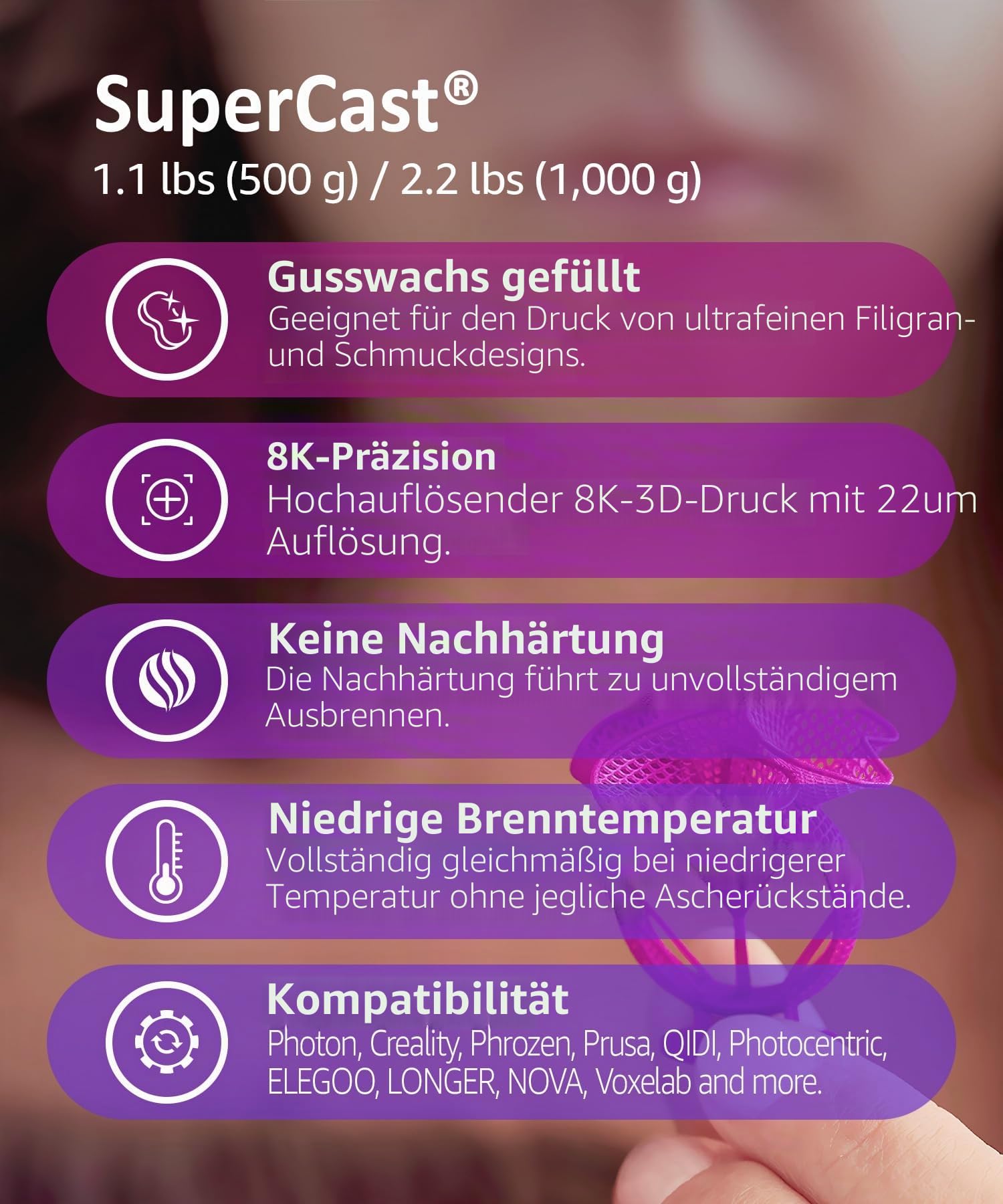 SuperCast 8K 3D Drucker Harz Wachsgefüllt für ultrafeine Filigranarbeiten, Schmuck und Metallguss, Hergestellt in Korea von 3DMaterials (500g)