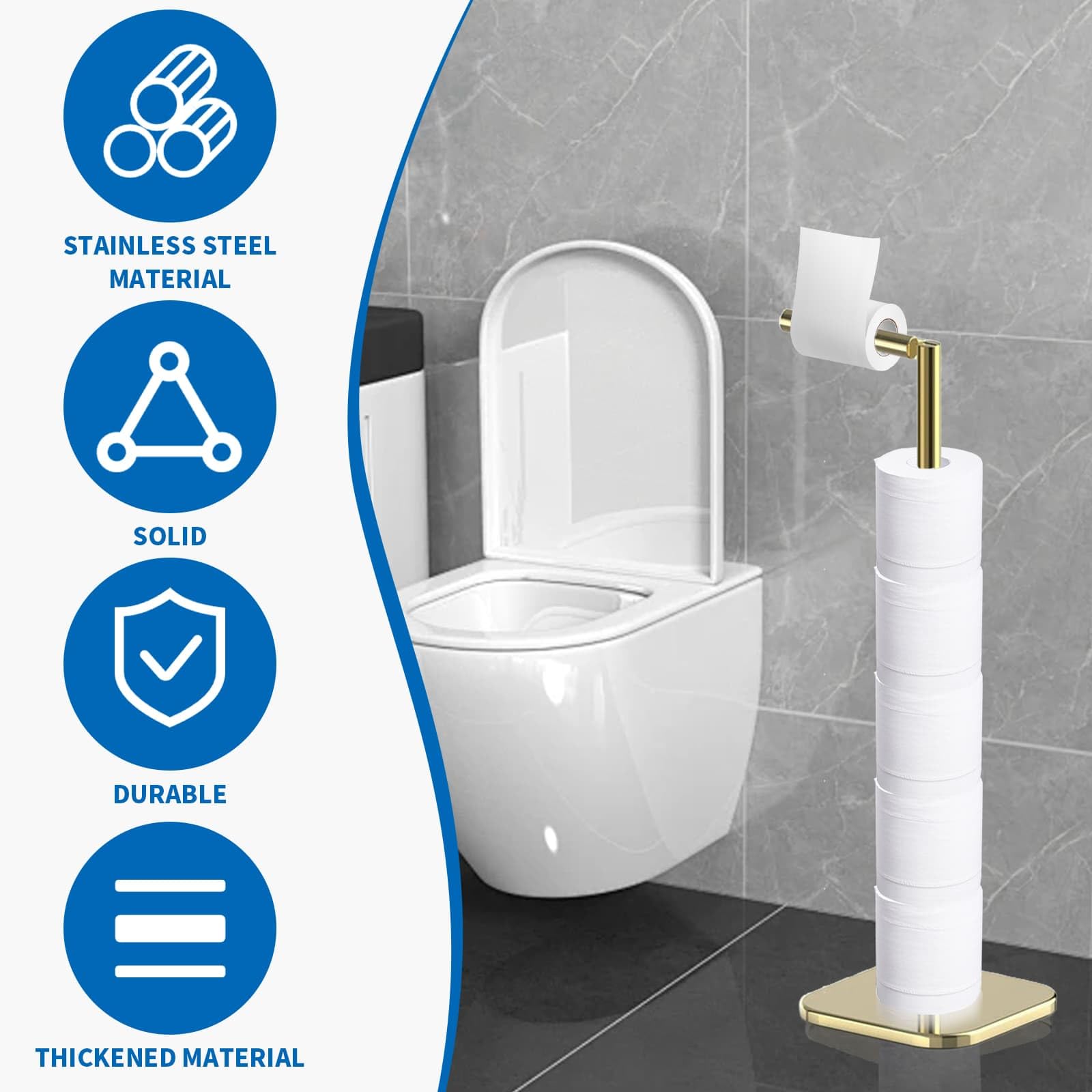 Toilet Roll Holder Free Standing with Heavy Duty Base, Stainless Steel Toilet Roll Holder for 6 Rolls, Stylish Chrome Finish - Image 3