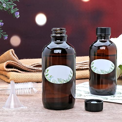 Miniatura 5 de Botellas de vidrio ámbar de 4 onzas, botellas de vidrio redondas Boston (paquete de 50) con tapas a prueba de fugas, recipiente recargable para