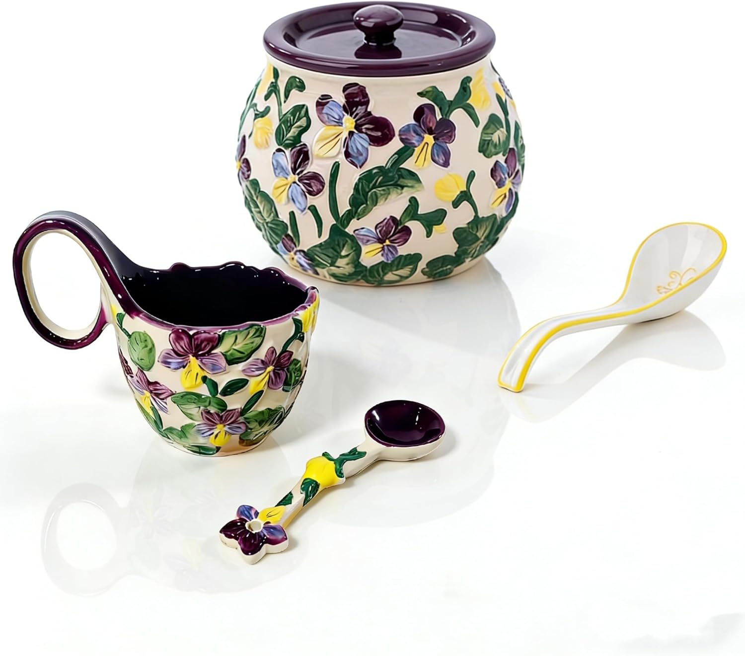 Iris Relief Design Soup Tureen and Bowl Set – microwave-safe. Can be used as an oil pot or chili container. Ideal for serving cereal, ice cream, and stew. (Iris Soup Tureen and Bowl Set)
