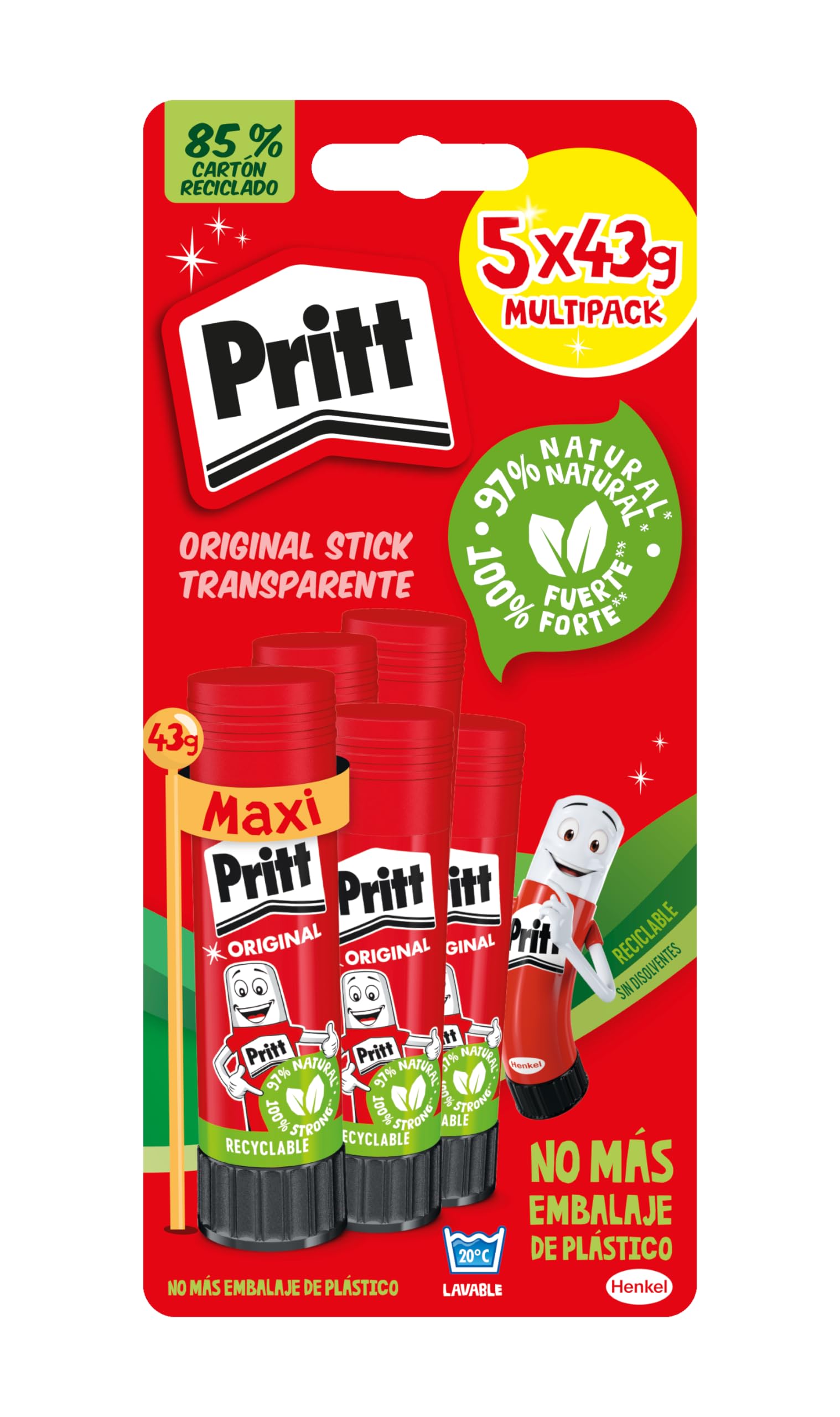 Pritt Stick Barra Adhesiva 43 g (pack de 5), pegamento infantil seguro para niños para manualidades, cola universal de adhesión fuerte para estuche escolar y oficina
