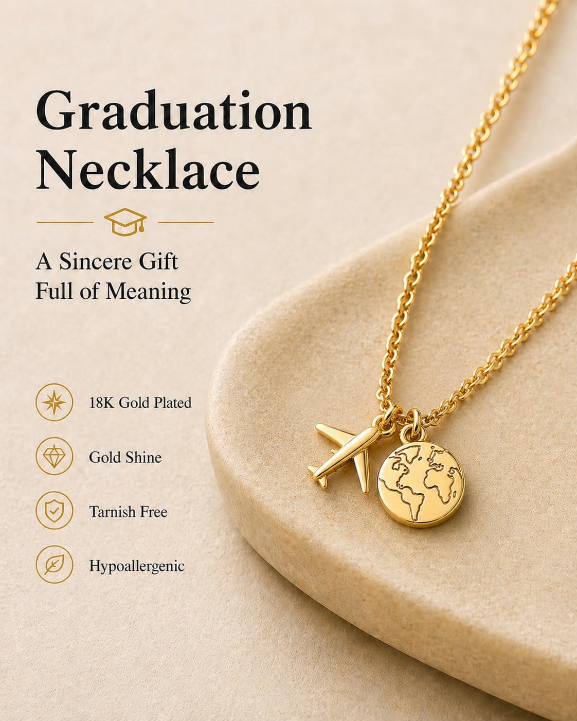 Zealmer Dainty 18K Gold Plated Compass World Map Pendant Necklace Graduation Gift for Friends