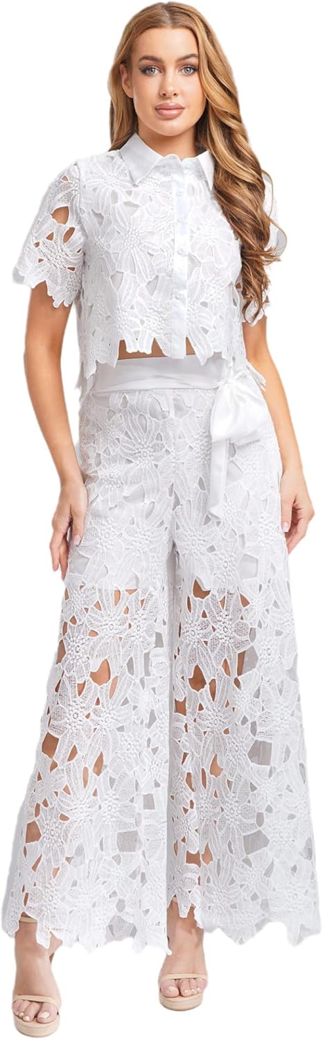 Linjinx Women's Chiffon Lace 2 Piece Outfit Floral Hollow Out Button Shirt Blouse Top with Wide Leg Belted Pants Set White X-Large