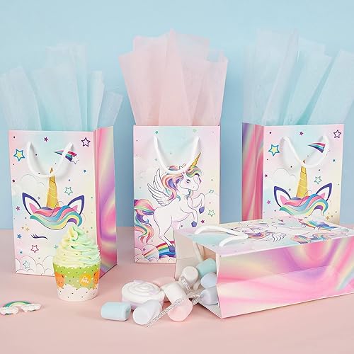 Miniatura 4 de WERNNSAI 16 bolsas de regalo de unicornio  Suministros de fiesta de unicornio arco iris bolsas de regalos para niñas y niños, bolsa de cumpleaños de