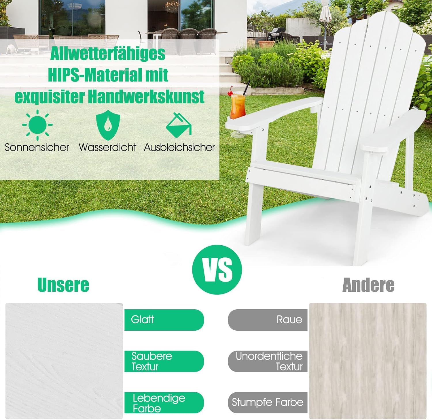 FANTASK Adirondack - Sedia da giardino resistente alle intemperie, in plastica, colore: Bianco