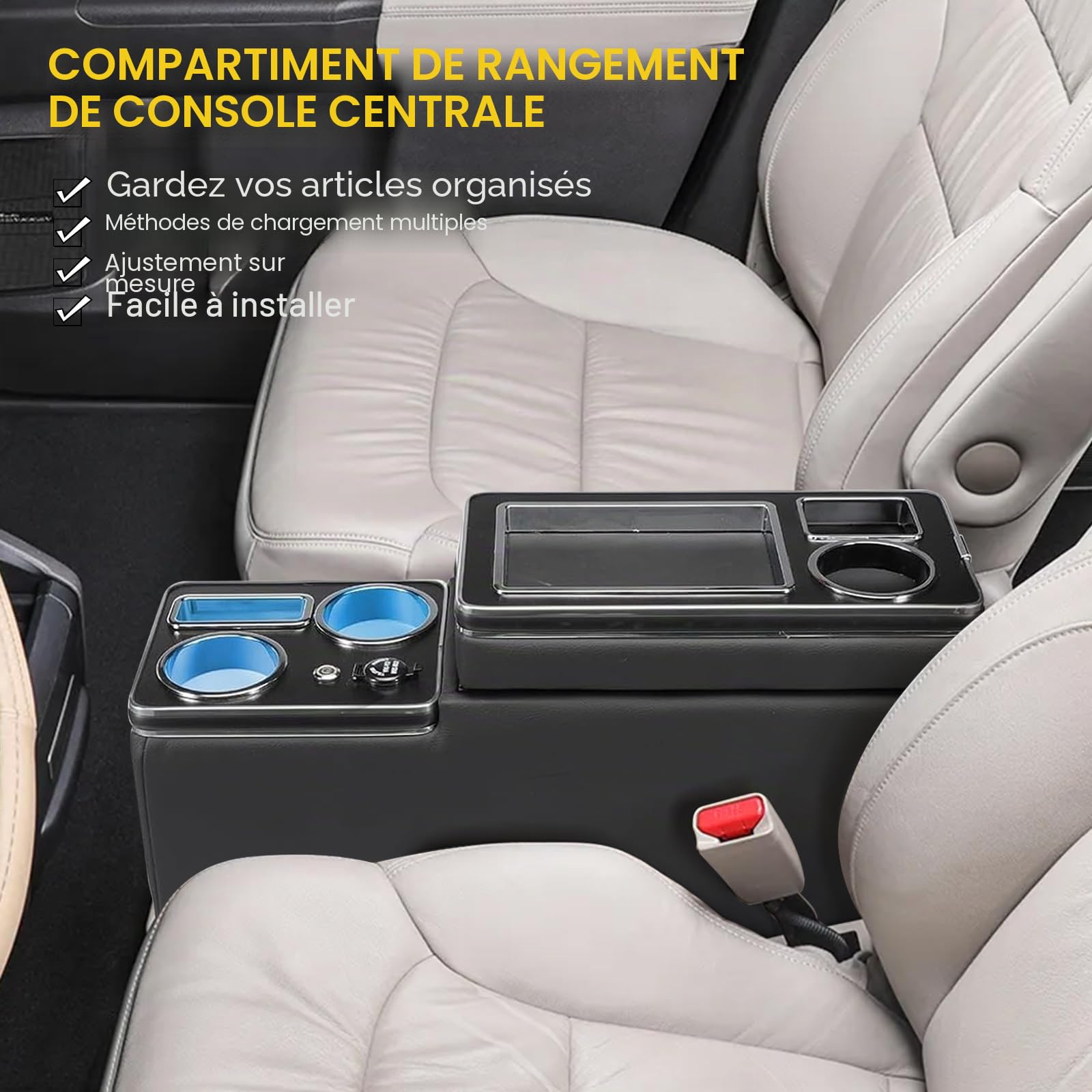 Console Centrale avec étagères de Rangement Compatible Avec VW T4 T5 T6 T7 | T6.1 2003-2019, Porte-Boisson Téléphone Cuir Noir Brillant Accoudoir Avec USB et Lumières LED, Allume-cigare