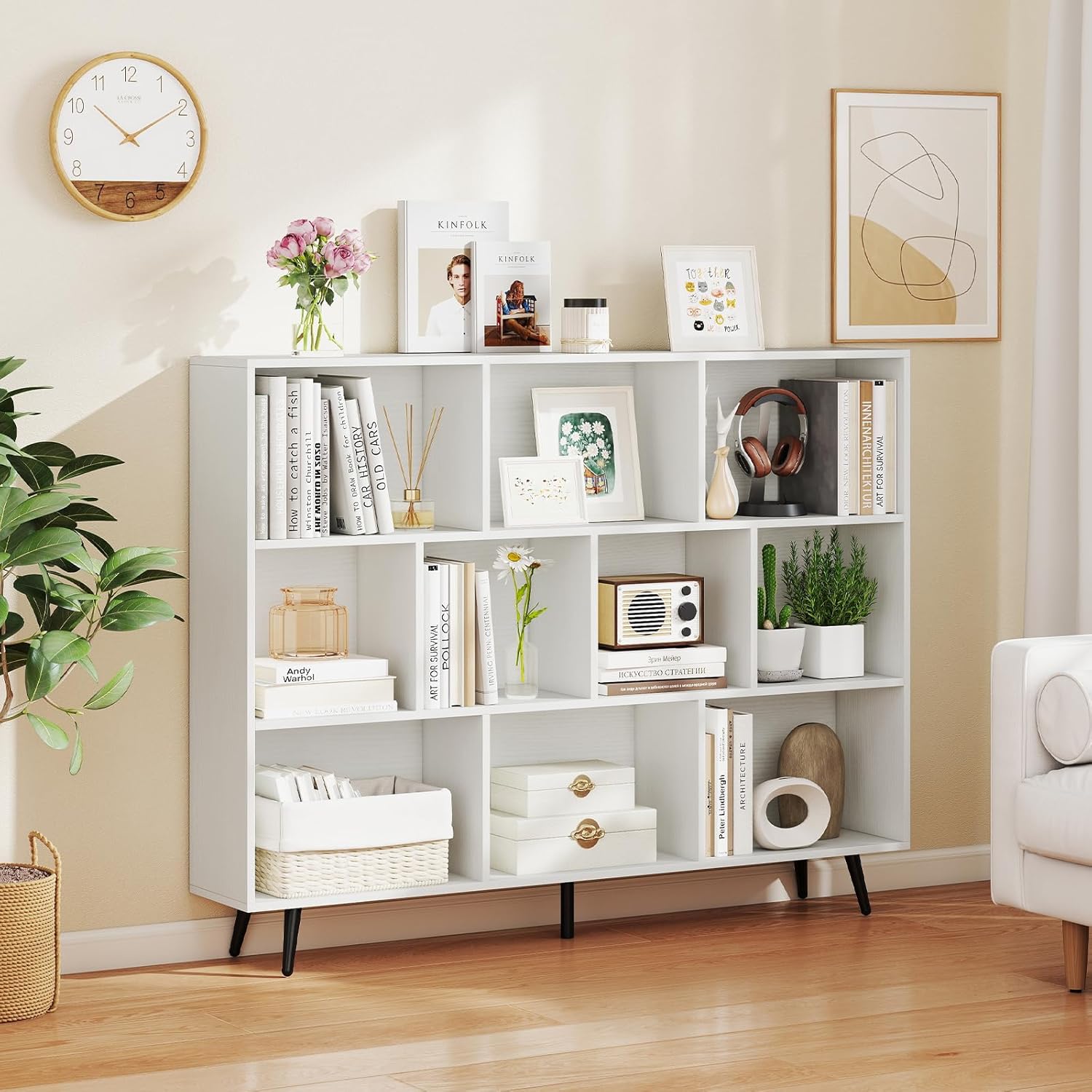 Giantex 10-Cube Bookcase, 3-Tier Modern Bookshelf with 5 Metal Legs, 55" Freestanding Open Storage Organizer with 2 Anti-tip Devices, Mid-Century Display Rack for Living Room (55" x 9.5" x 42")