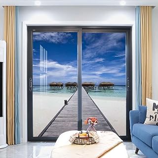 Navy Turquoise Brown Window Sticker Non-Adhesive Glass Film Wooden Long Jetty Seascape Self-Adhesive Privacy Protection Window Stickers Wooden Deck 17.7Wx35.4L-inch x2 Pcs
