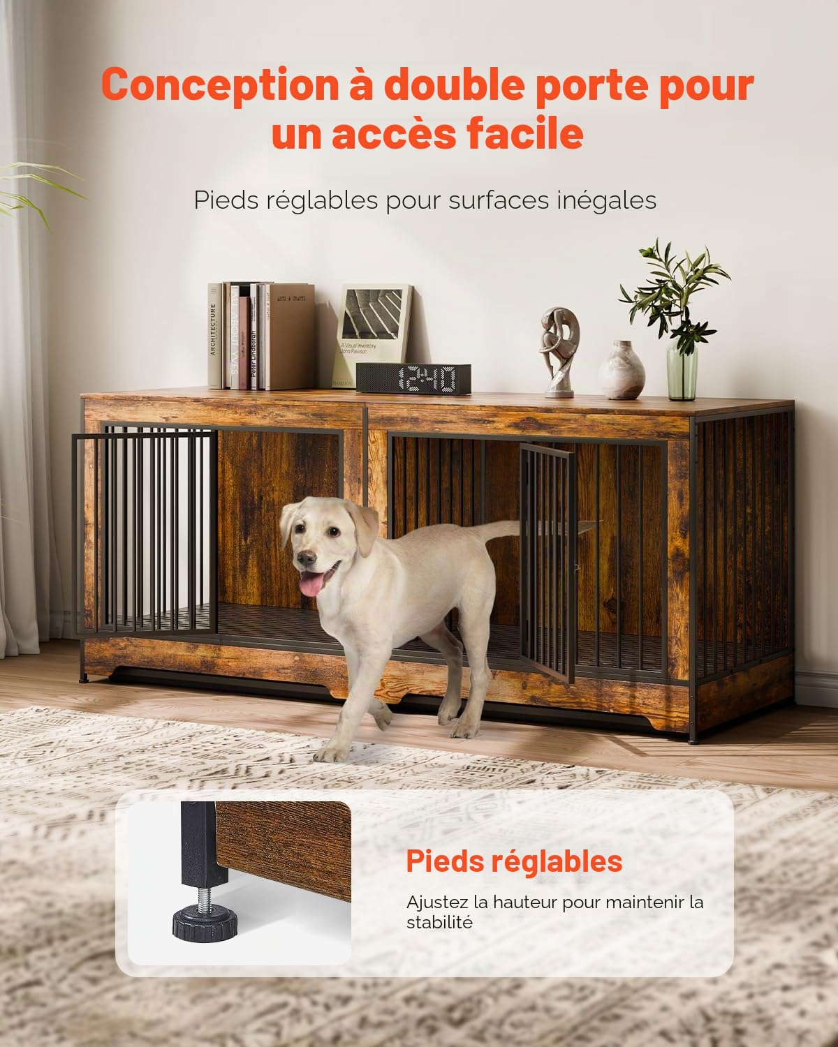 VEVOR Cage pour Chien 1901x670x824 mm Meuble Cage Chien en Bois Intérieur Multi-usages avec Double Porte, Séparateur, Plateau Amovible, Table d'Appoint pour Chiens de Taille Moyenne Grande, Marron