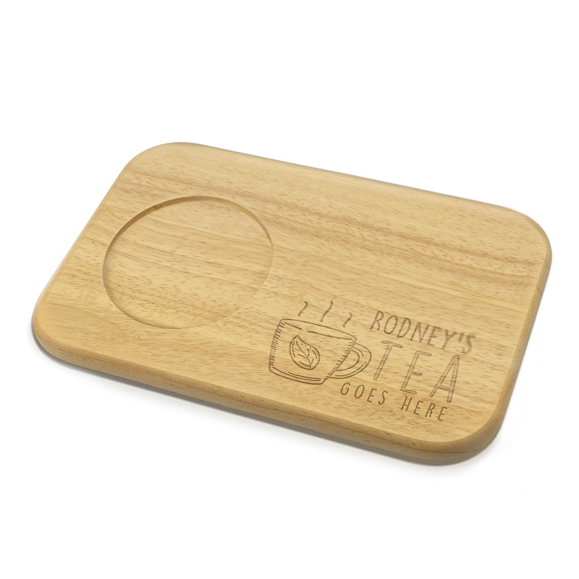 Personalised Tea Goes Here Serving Board Wooden Coaster with Custom Engraved Name & Mug Rest for Grandads, Grandmas, Mums & Dads - 23cm x 15cm x 1.5cm