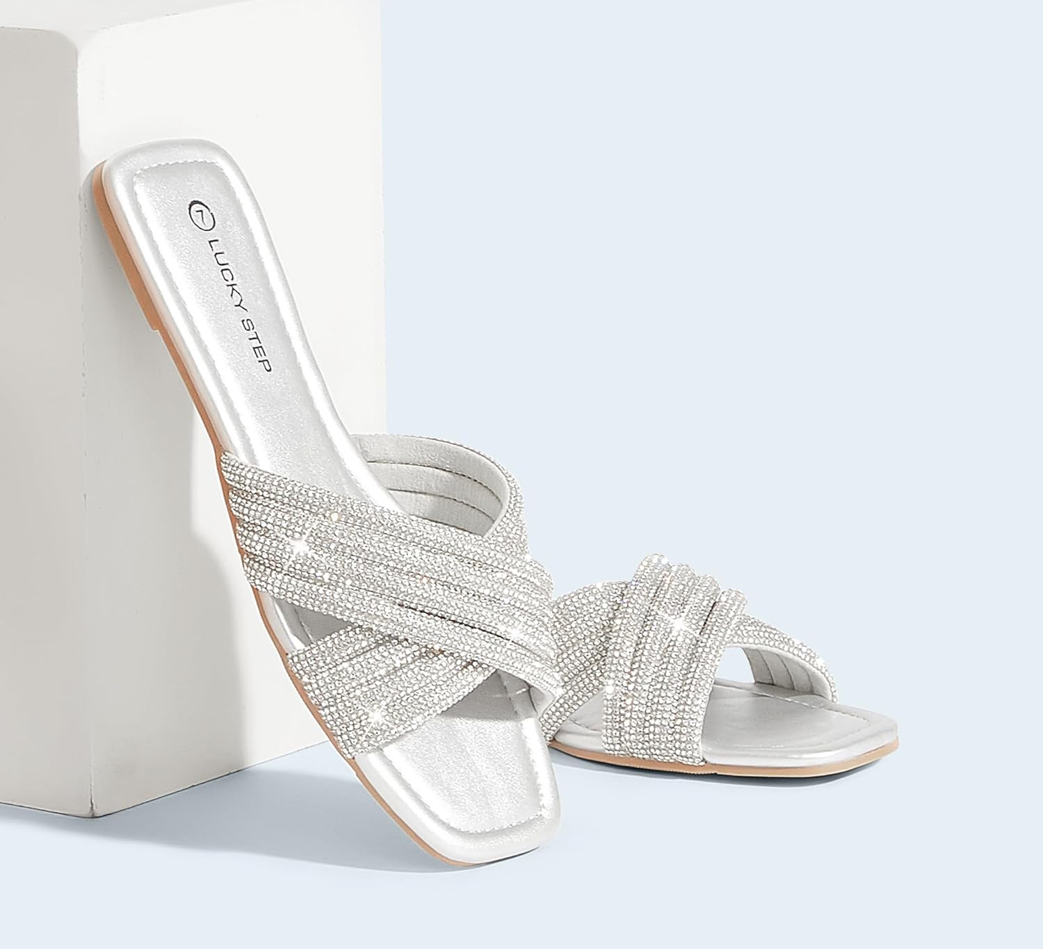 LUCKY STEP Women's Rhinestone Flat Sandals Open Toe Summer Glitter Bling Sparkle Dressy Slip on Outdoor Crossed Strap Slide - Image 3