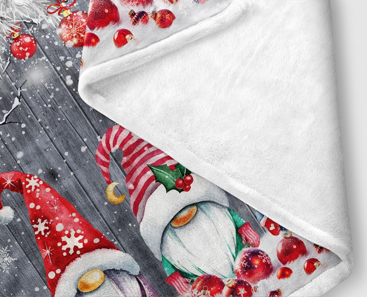 Christmas Gnomes Throw Blanket, Farmhouse Merry Christmas Cute Red Xmas Ball Snowflake Gnomes on Grey Barn Fleece Blanket,Rustic Soft Flannel Throw Blanket for Chair Bed Sofa Couch