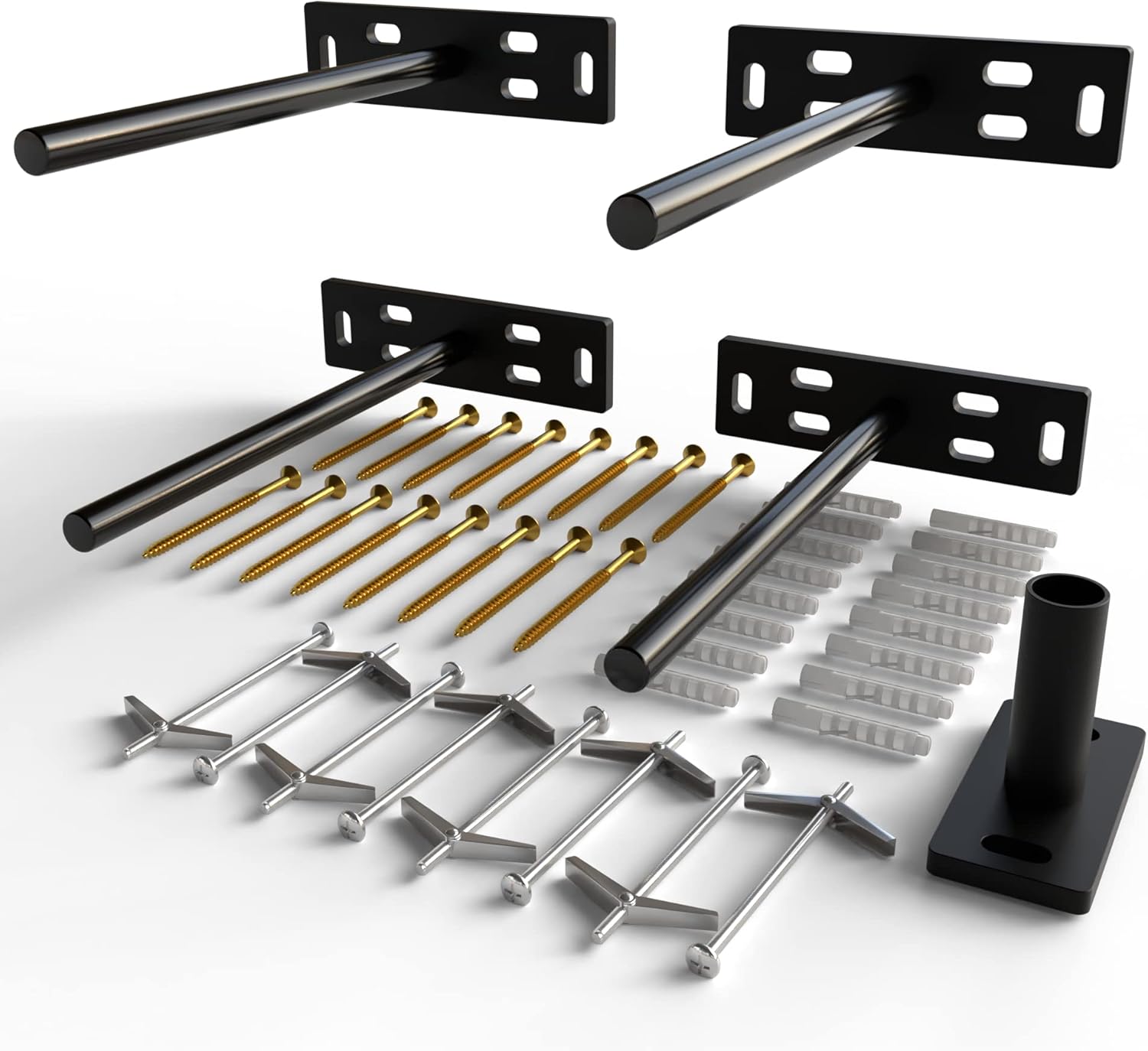 Set of 4 Size 5x1 3/8x 8 Floating Shelf Brackets Heavy Duty (1/4 inch Thick Baseplate) Painted Black Mild Steel/Bracket for Hidden Wall Shelves Support Hardware Mount Kitchen/Nursery Decor (10 inch Rods)