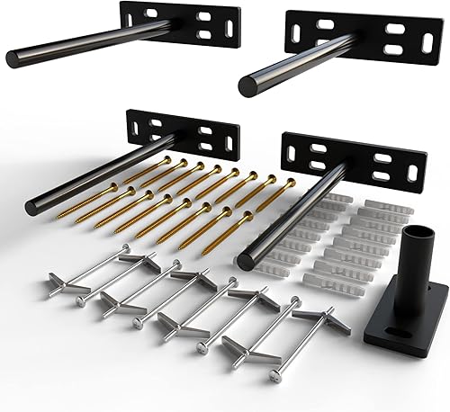 Juego de 4 soportes flotantes resistentes (placa base de 14 de pulgada de grosor), pintado negro de acero suave, soporte para estantes de pared