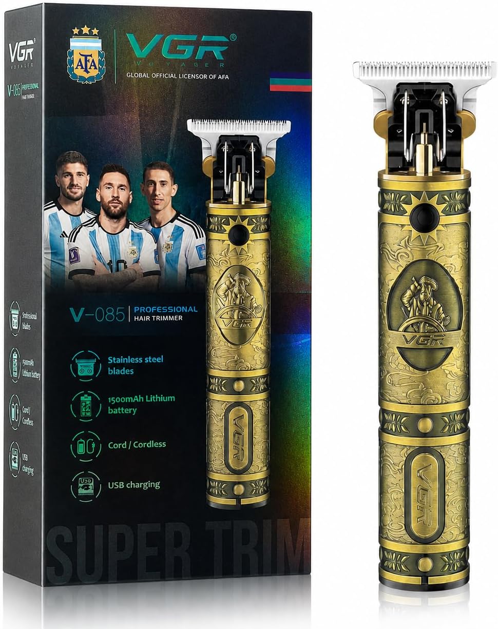 VGR V-085 Rechargeable Hair Clippers with Zero Gapped Baldheaded T-Blade Trimmer with Close Cutting, Cordless Hair clipper for men with 3 Guide Combs Brush 1500mAh Li-ion Battery, 180 minutes (Gold)