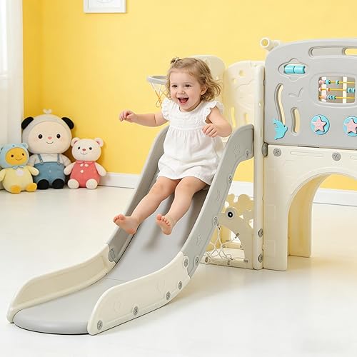 Miniatura 5 de Juego multiactividad 11 en 1 para niños pequeños con tobogán, aro de baloncesto y telescopio, patio de juegos para interiores y exteriores