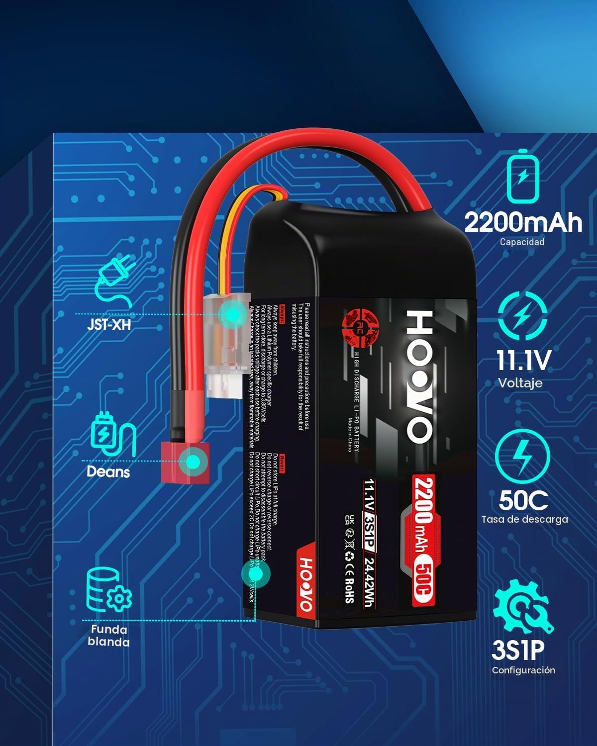 HOOVO 3S Lipo Batería 2200mAh 11.1V 50C SoftCase Batería corta Lipo Baterías con enchufe T Baterías RC para 1:14 RC Coche Camión Helicóptero Avión Rock Crawler Avión Helicóptero (2 Paquetes)