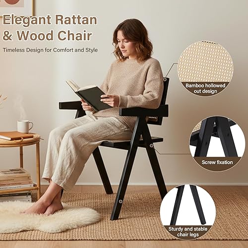 Miniatura 3 de Juego de 2 sillas de comedor de ratán, sillas de comedor modernas de mediados de siglo con brazos, sillas de bambú para exteriores, para dormitorio,