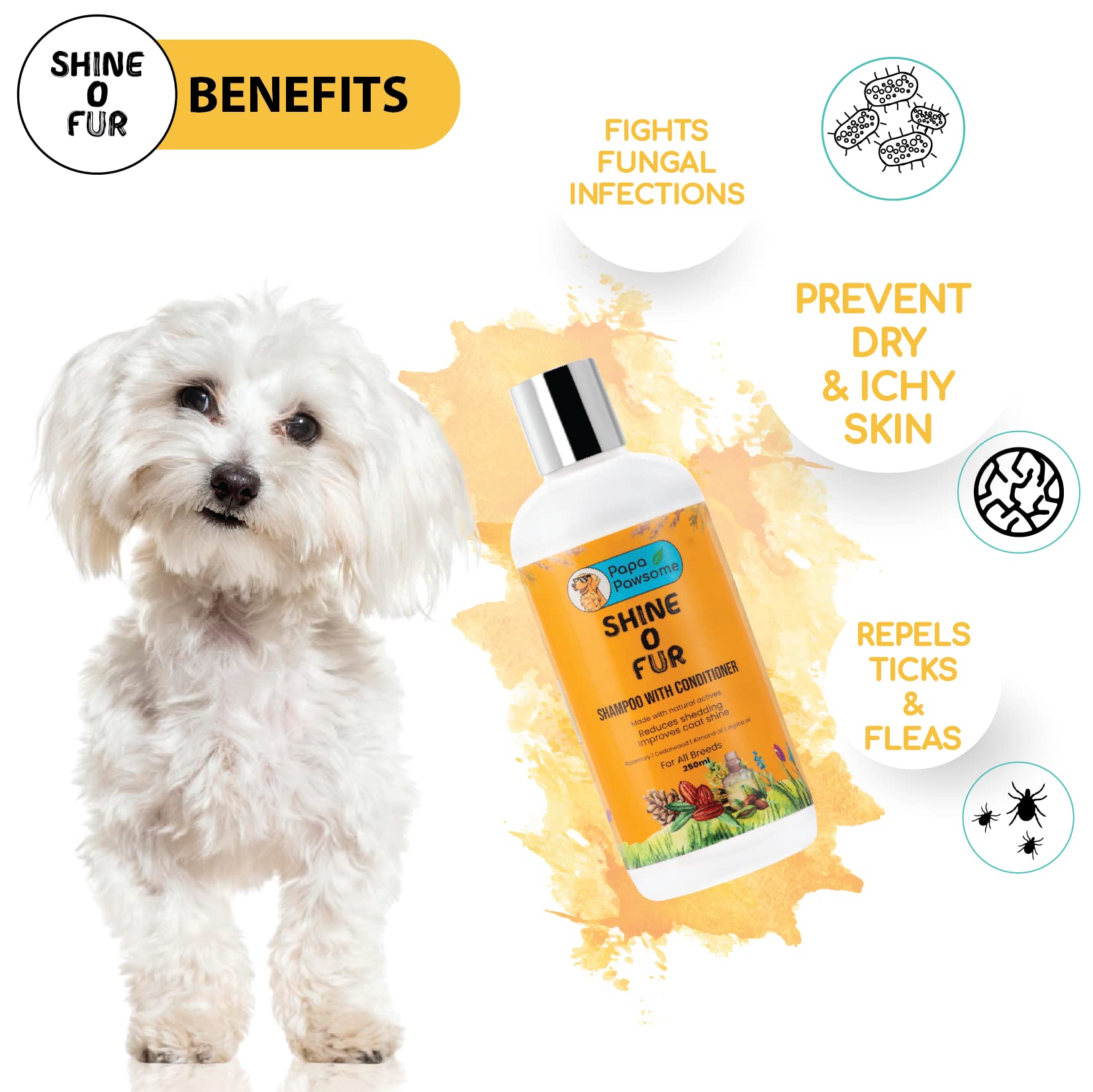 Papa Pawsome Long/Drop Coat - Maltese - Complete Grooming Kit Shine O Fur Shampoo with Conditioner 250ml + Shine On Waterless Shampoo 250ml + Shine O Fur Massage Oil 100ml + Soft and Shine Detangling Serum 50ml + Paw Cream 25gm 4
