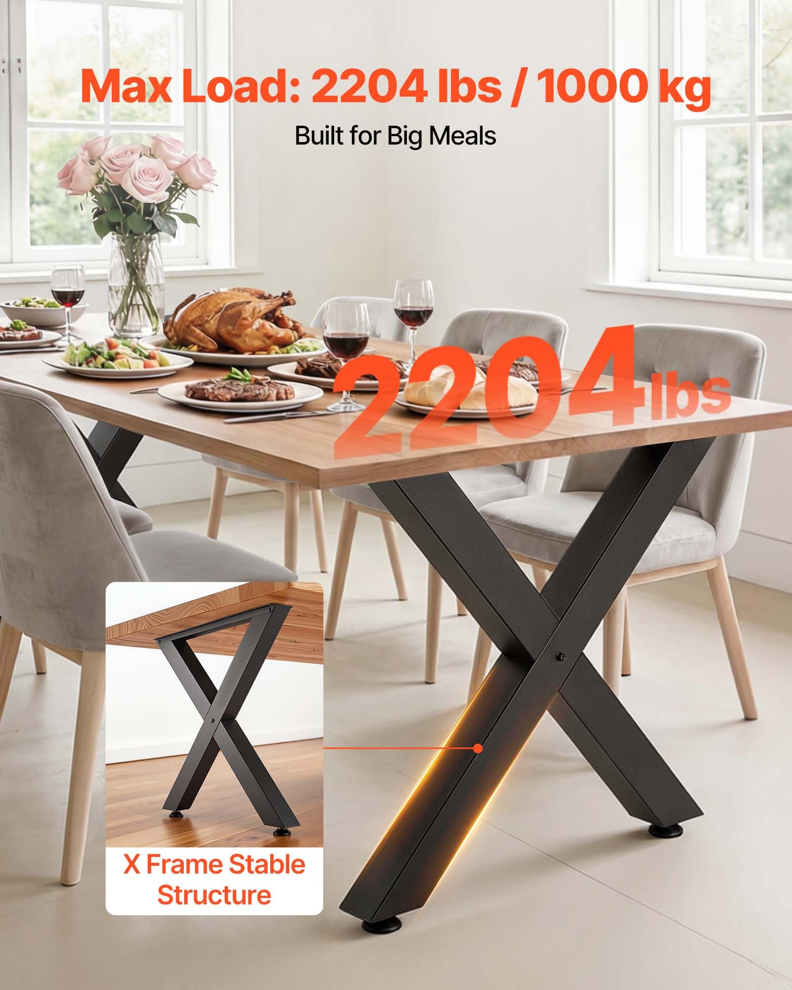 VEVOR Pieds de Table en Forme de X 750x760 mm Lot de 2, Pieds de Bureau en Acier au Carbone, Charge Max. 1000 kg pour Table à Manger, Bureau, Établi, Plan de Travail et Table de Bar, avec Patins, Noir