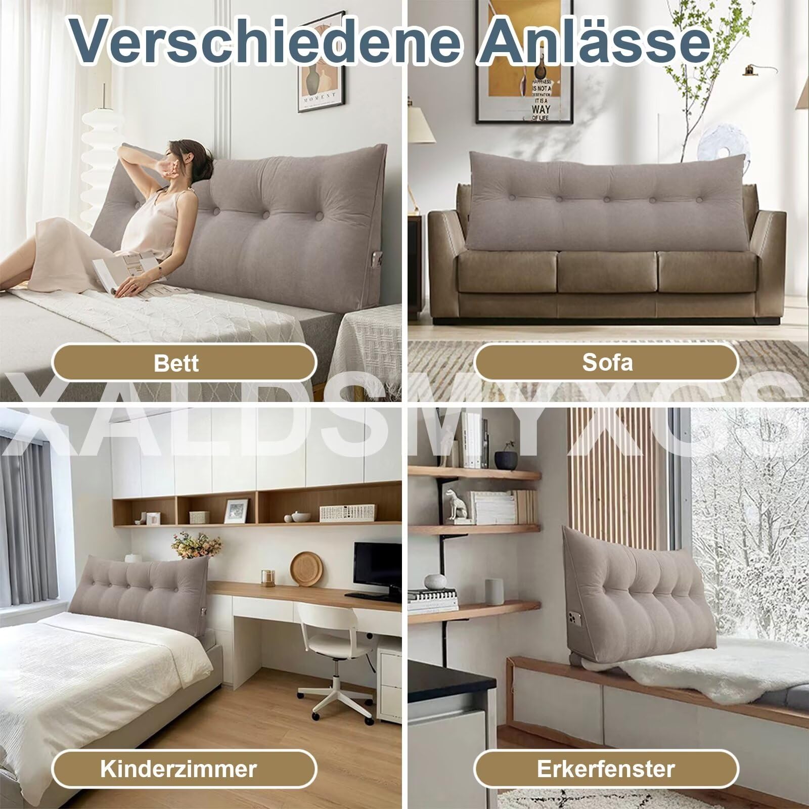 Rückenkissen Bett 180cm Beige, Leinen Rückenlehne Kissen, Keilkissen Bett kopfteil, Waschbar Abnehmbar Lesekissen für Bett und Sofa, Rückenstützkissen Lendenkissen mit Seitentasche