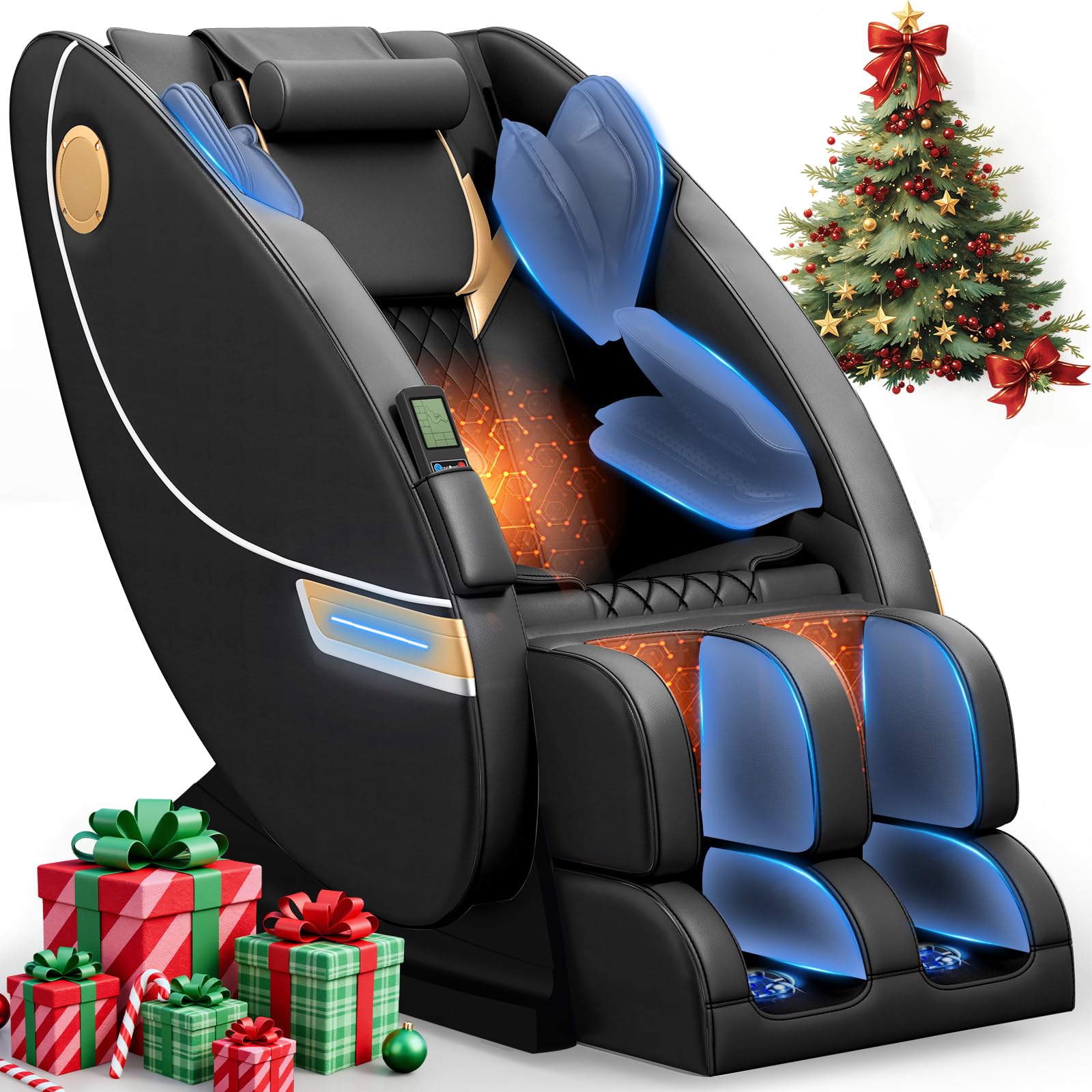 Massagesessel, Ganzkörper-Massagesessel mit Zero-Gravity, 14 Rollen und 8 Komfort-Airbags, Mit Heizfunktion für Taille und Beine Fußmassage, Bluetooth-Player und 2-in-1 Touchscreen (Dunkelgrau)