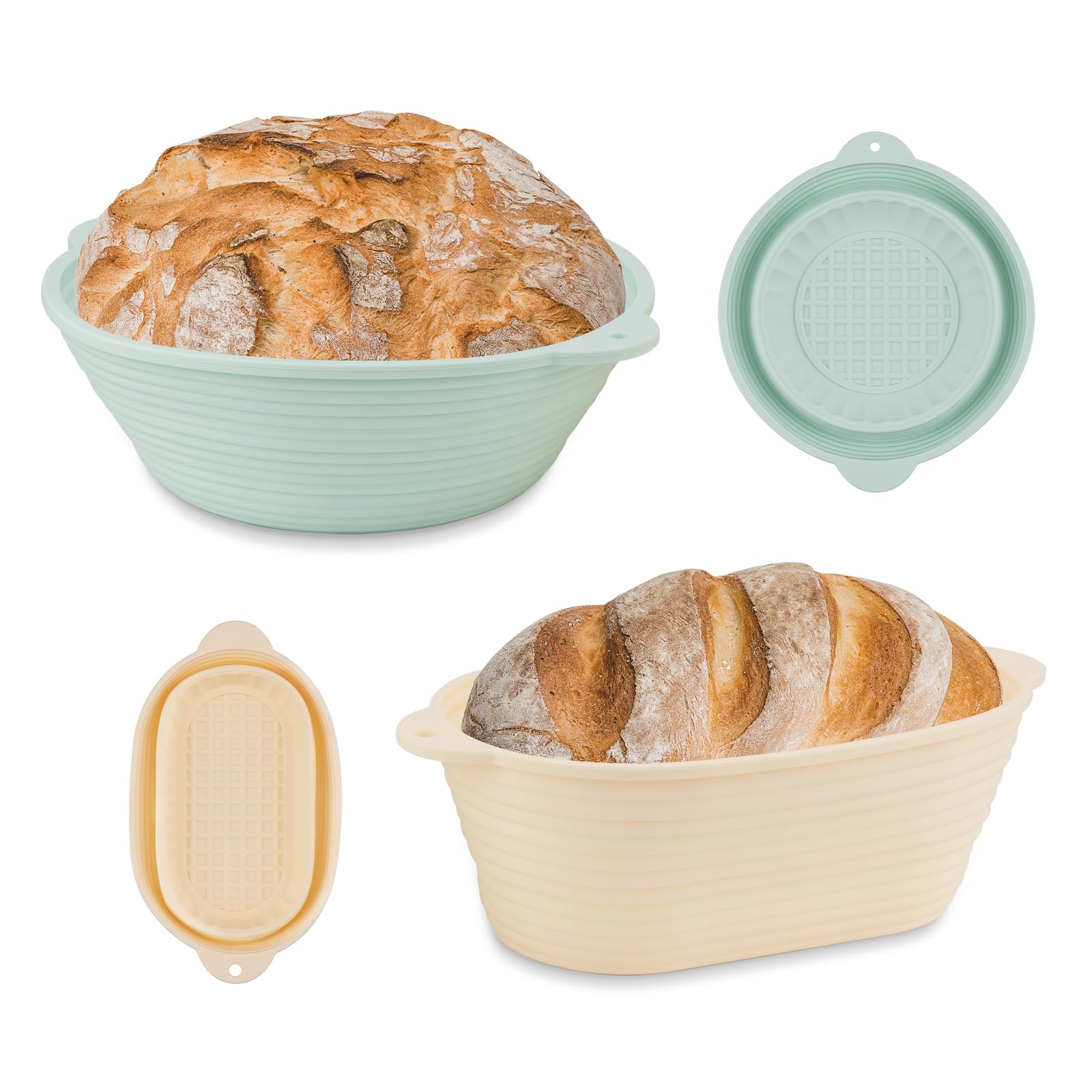 Wonlooker 2 Pack Thickened Bread Proofing Baskets, Silicone Sourdough Baking Basket, 10โ Round & 10โ Oval Foldable Banneton Baskets for Professional Baker & Homemade Bread Beginner (Beige&Green)