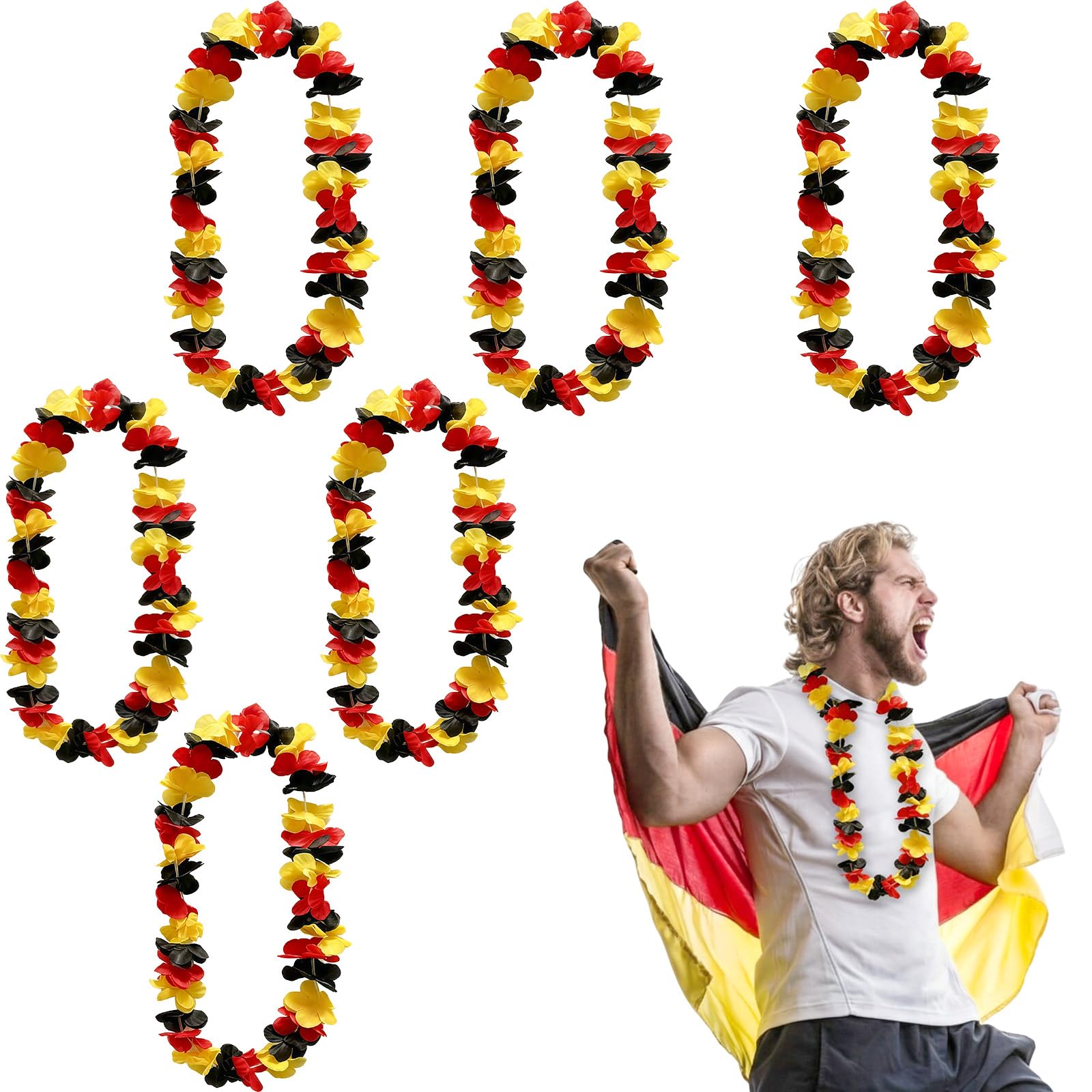 6 Stück Deutschland Fanartikel Blumenkette, Deutschland Hawaii Kette Fußball Party Nationalfeiertag Deko, Flagge Girlanden Schwarz Rot Gelb, Blumenkette für Fußballpartys Fan Artikel