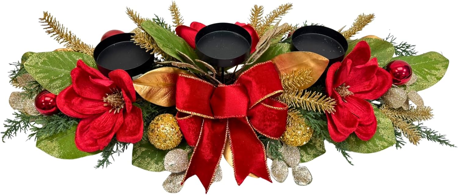 Christmas Candle Holder Xmas Decorations 3 Candle Holders with Magnolia Flowers Glitter Ball Ornaments Pine Needles Red Bow for Table Centerpiece Holiday Decor Xmas Decorations