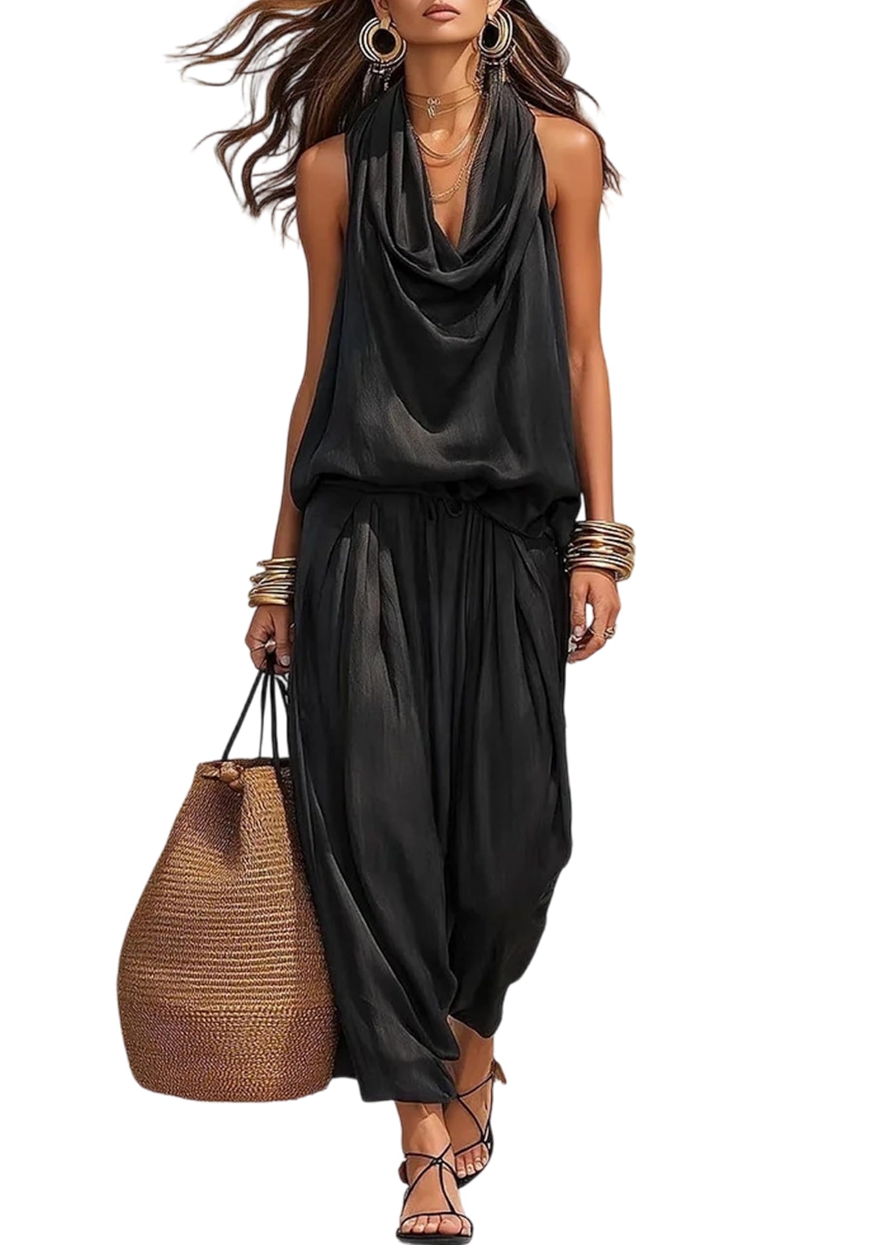 OMZIN Donne Monocolore Affumato Halter Jumpsuit Casual Uscire Comodo Romper V Collo Ruffle Abiti Estivi