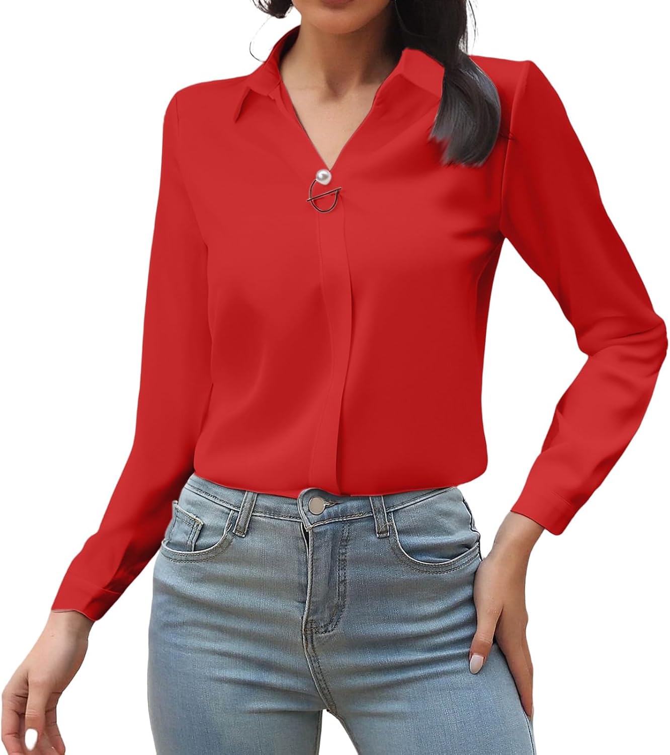 Womens Button Down V Neck Shirts Long Sleeve Office Casual Business Plain Blouses Tops