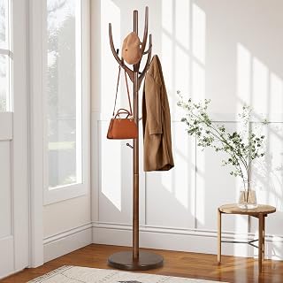 Wood Coat Rack Freestanding Coat Tree with 12 Hooks and Sturdy Round Base, Hall Tree Coat Hanger Stand for Clothes, Jackets, Handbags, Hats, Bedroom, Living Room, Entryway