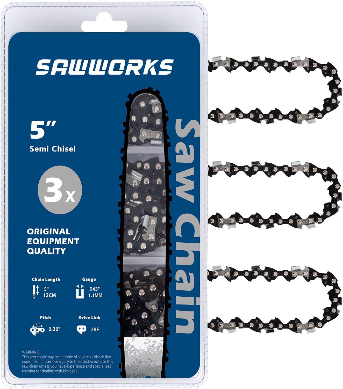 SawWorks 3-Pack 5 Inch Pruning Saw Chain, 0.30" Pitch .043" Gauge 28 Drive Links Fits Worx WG324E, WG324E.9, WA0142, Fastcraft 2020X-L, Bauer, Sun Joe and More