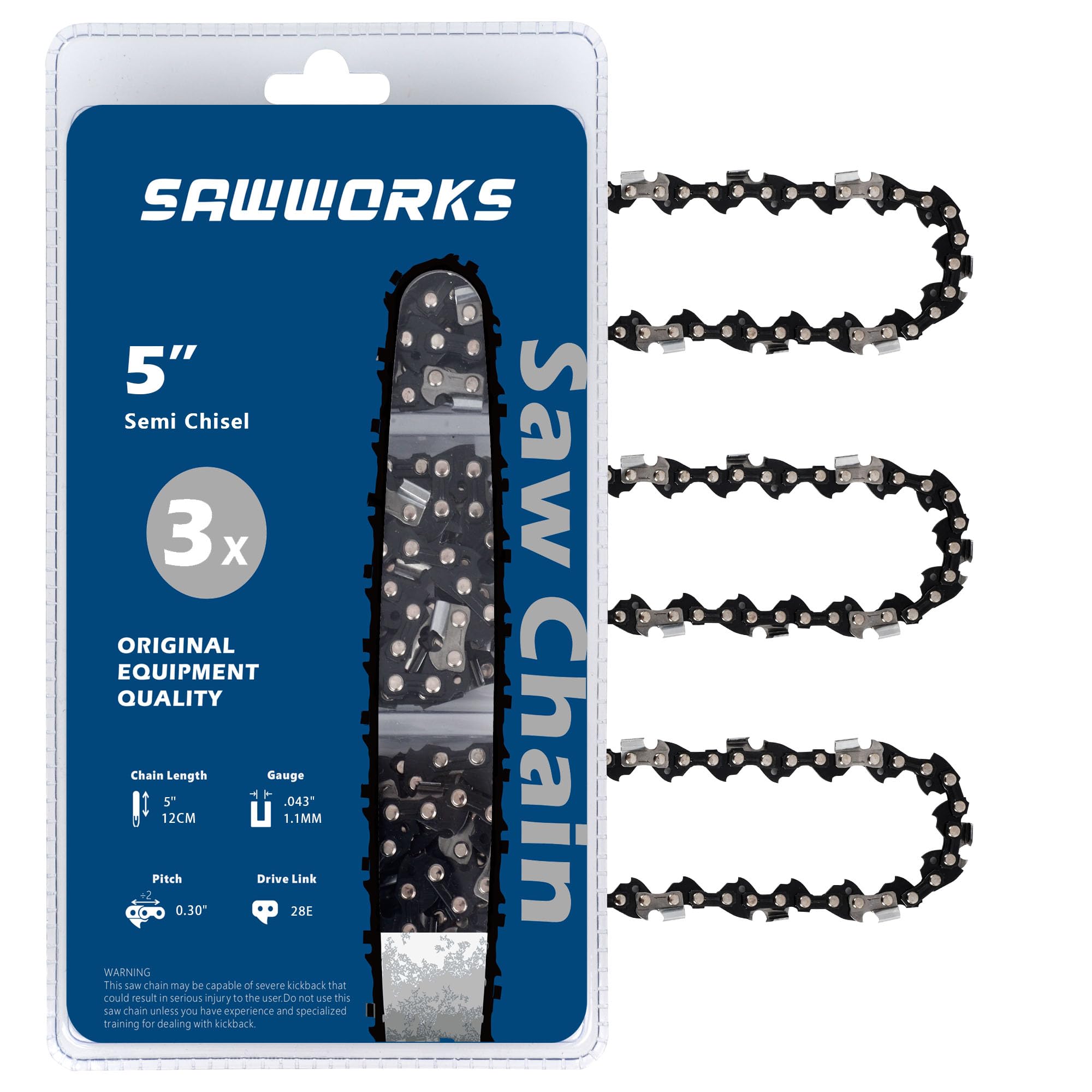 SawWorks 3-Pack 5 Inch Chainsaw Chain, 0.30" Pitch .043" Gauge 28 Drive Links