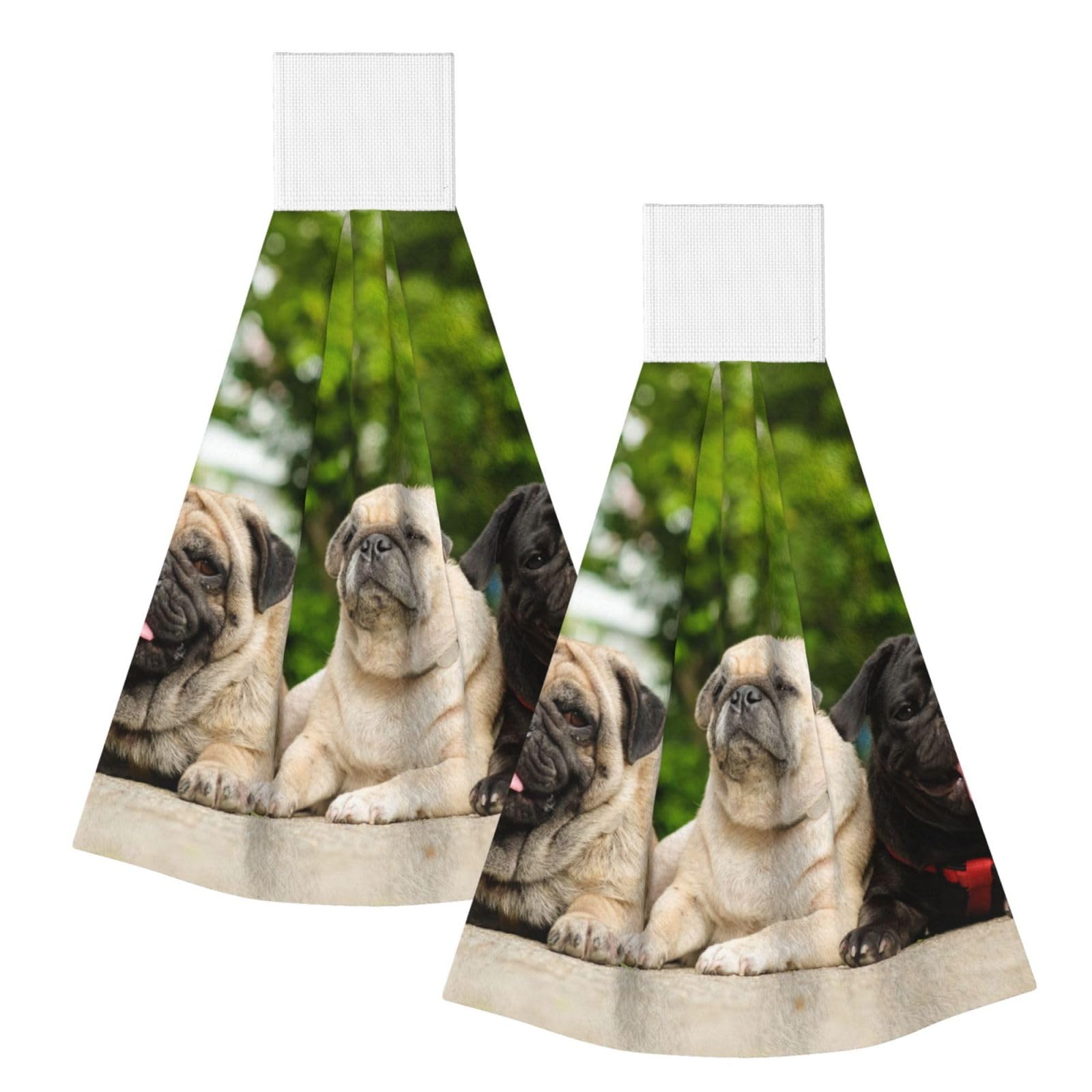 DOPKLNA Pug Friendship Bokeh Dogs Pets Friends Pug, 2 Pcs Hanging Coral Fiber Hand Towels for Bathroom, Absorbent Kitchen Towels