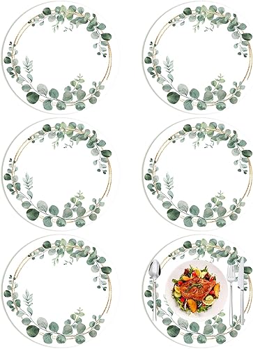 Juego de 6 manteles individuales redondos de plástico lavables con hojas de eucalipto, 13.4 pulgadas, manteles individuales verdes para mesa de