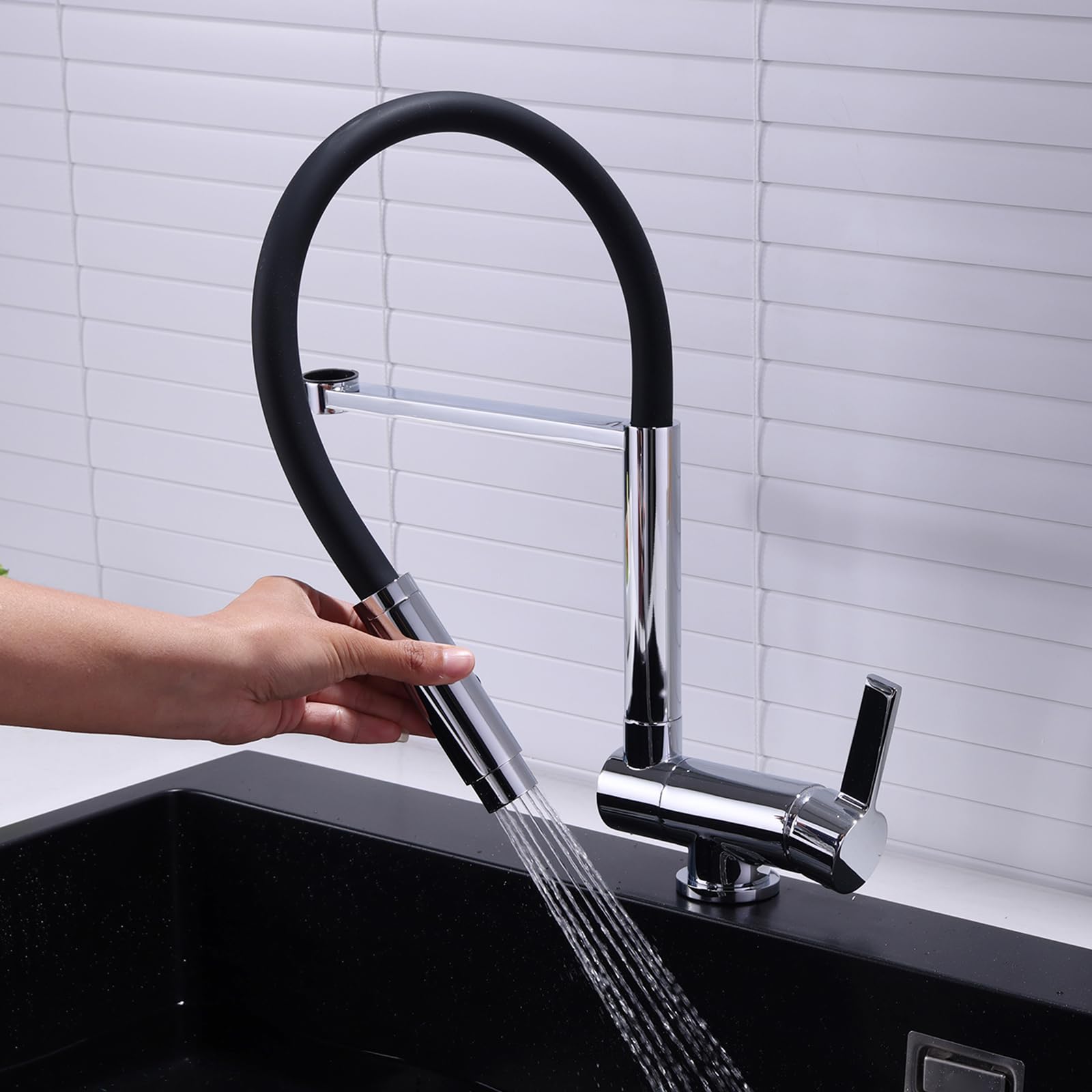 XJTNLB Grifo Cocina Abatible y Extensible Cromado Grifo Monomando Cocina Caño Alto Grifos Abatibles Fregadero Plegable 180° y Caño Giratorio 360°