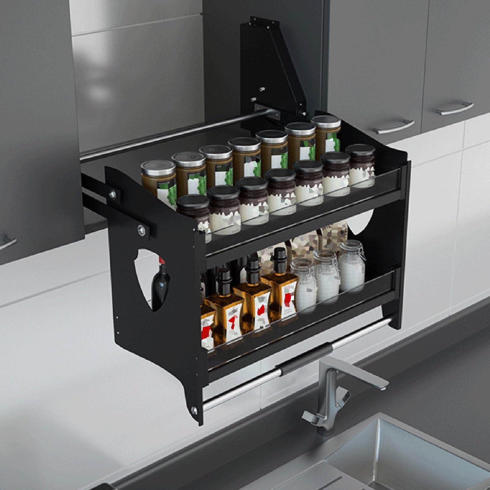 Scaffale da cucina espandibile a 2 ripiani, resistente, scaffale pieghevole per spezie, capacità di carico 15 kg, dimensioni: 56 x 27 x 52 cm