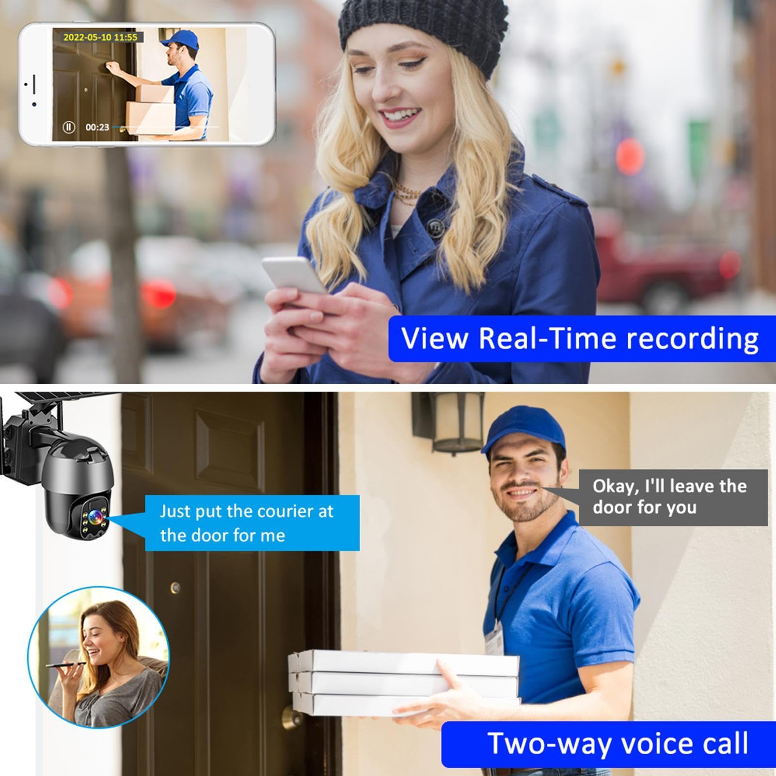 Cámara al Aire Wireless Solar, con energía Solar al Aire WiFi inalámbrico | Night Vision Voice PIR Alarm Alarm Monitor para video de varias personas