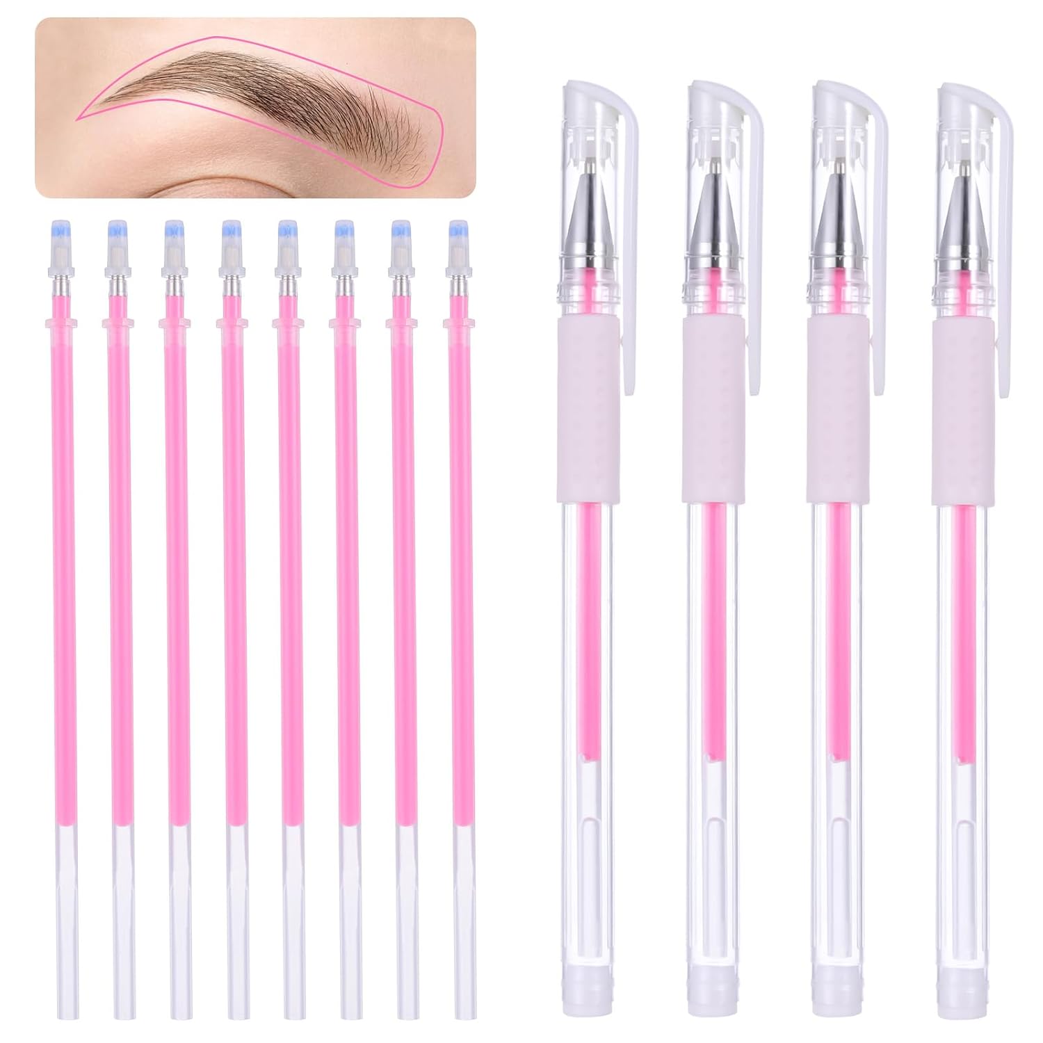 TIESOME Eyebrow Microblading Marker Pens, 4Pcs Skin Marker Pen Eyebrow Makeup Position Mapping Mark Tools Eyebrow Mapping Pen Stencil with 8 replacement refills(Pink)