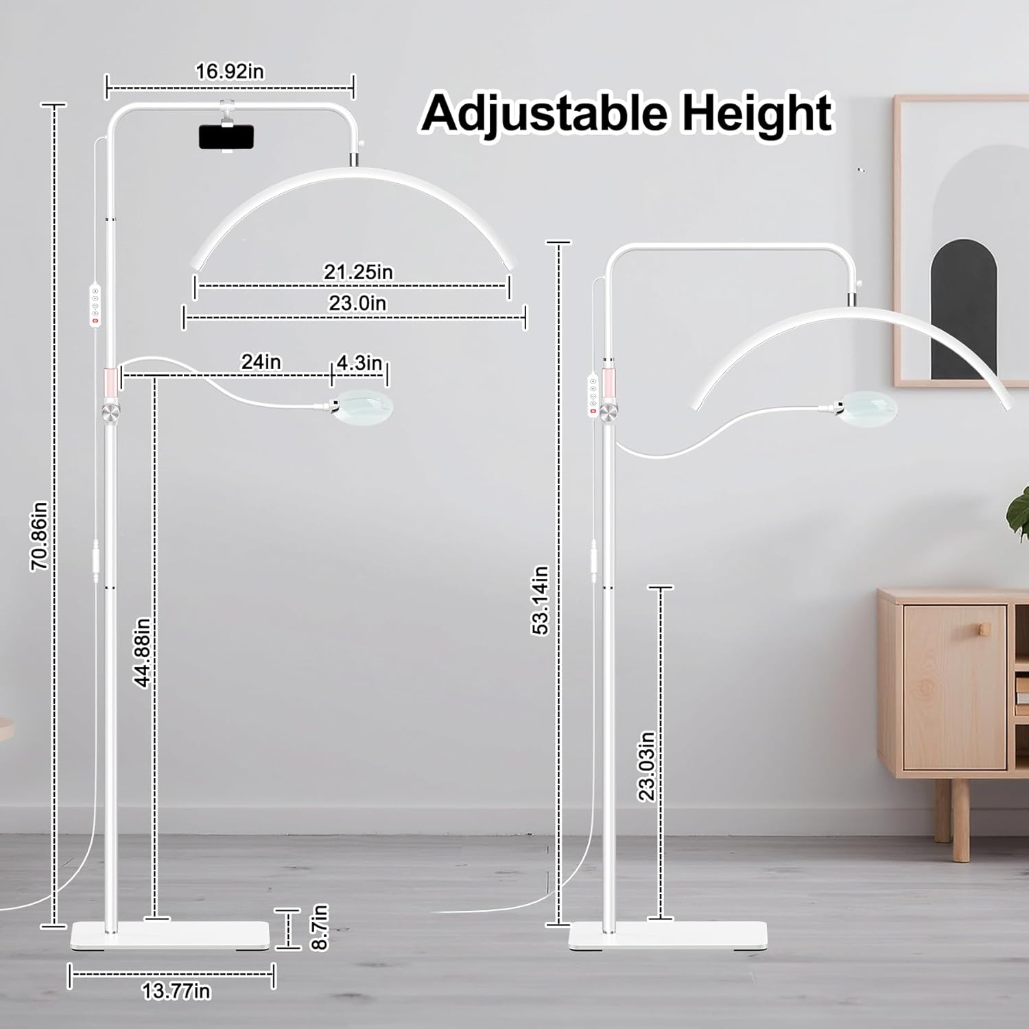 AURELLE Half Moon Lash Light - Adjustable LED Floor Lash Lamp with 4X Magnifier & Phone Holder for Eyelash Extensions,Nail Art,Tattoo,Skincare,Salon SPA-Dimmable Brightness,Rotating Head, White