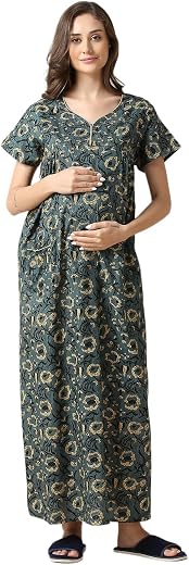 MomToBe Women's Cotton Maxi Maternity Nighty/Feeding Nighty/Pregnancy Night Gown/A-Line Nursing Nighty with Zippers for Nu...